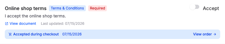 Customer Consents tab showing acceptance recorded during checkout