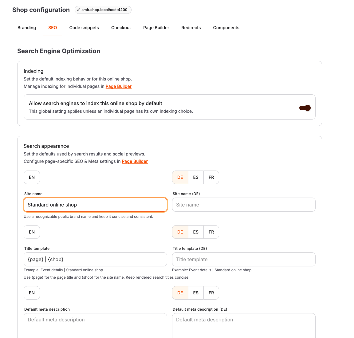 SEO settings for an online shop in the back office