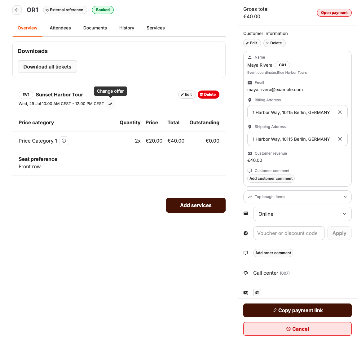 Order service line with Change start time and Change offer actions