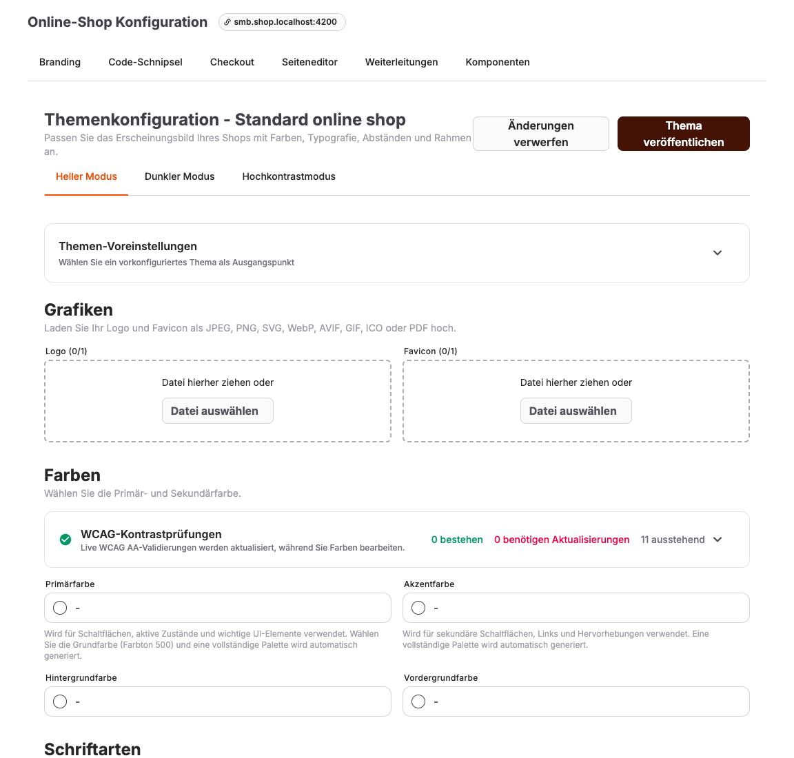 Shop-Design-Editor mit Farben, Steuerelementen, Vorschau und Veröffentlichungsfunktionen