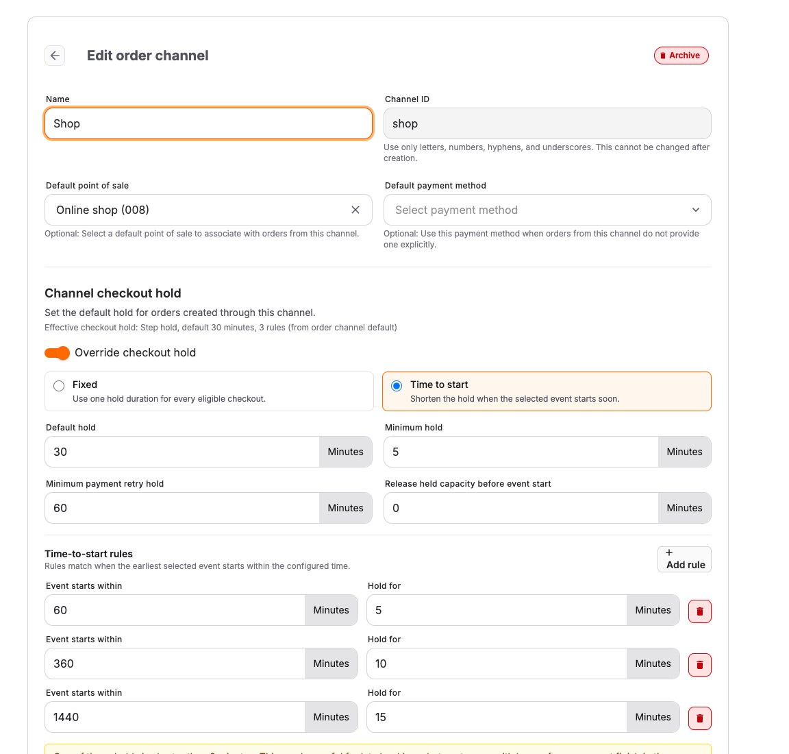 Order channel checkout hold override in the back office