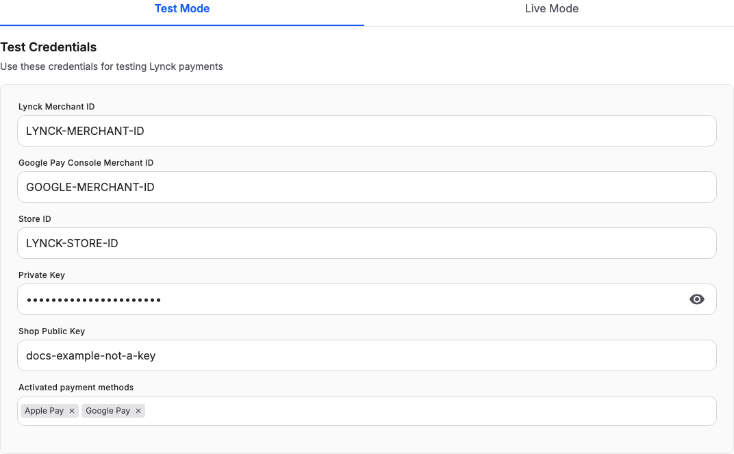Lynck test credential form showing separate Lynck and Google merchant IDs and Apple Pay and Google Pay selected