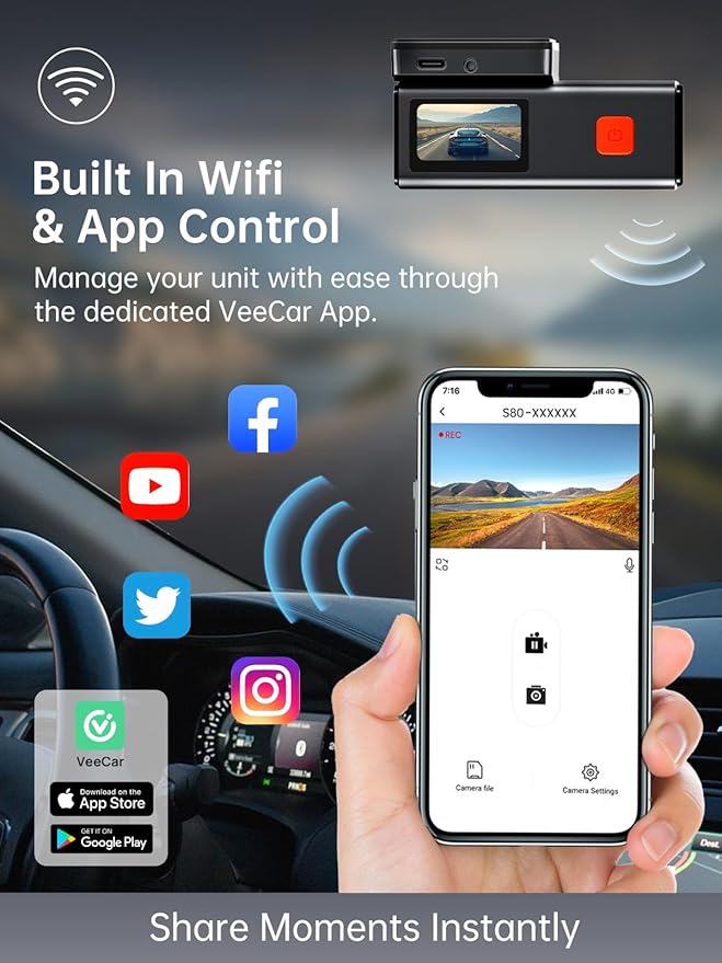 Front and Rear Dash Cam, 4K+1080P WiFi Mini Car Camera with App Control - View 3