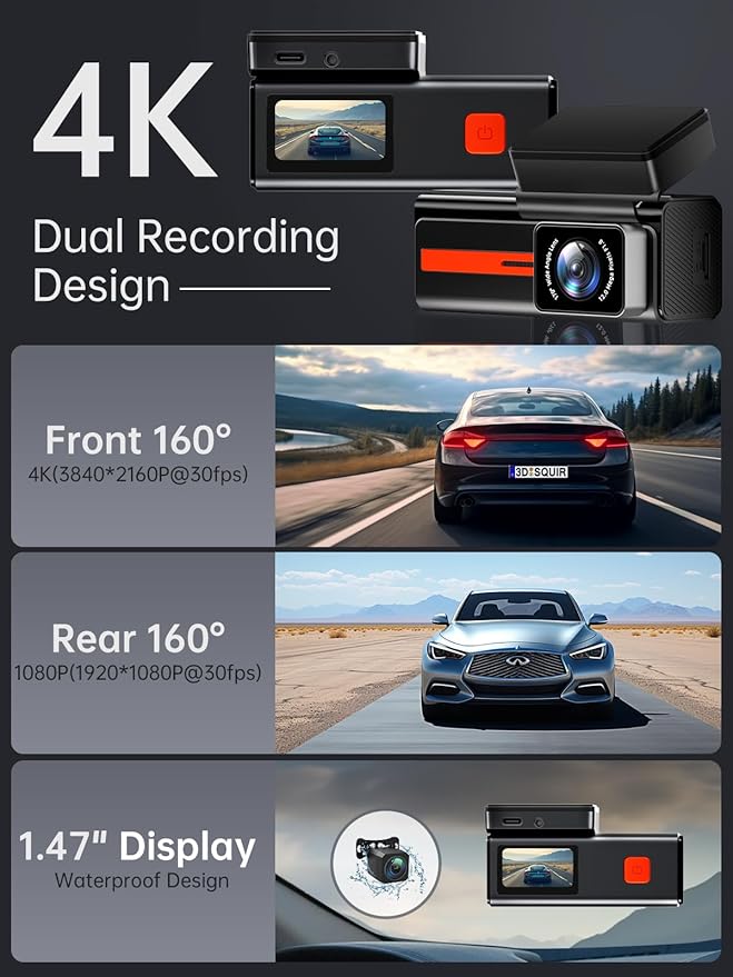 Front and Rear Dash Cam, 4K+1080P WiFi Mini Car Camera with App Control - View 2