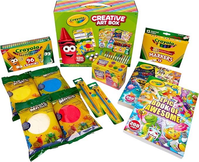 Crayola Kids Art Set (125 Pieces), Art Supplies Kit with Giant Coloring Books, Washable Paints, Markers and Storage Box