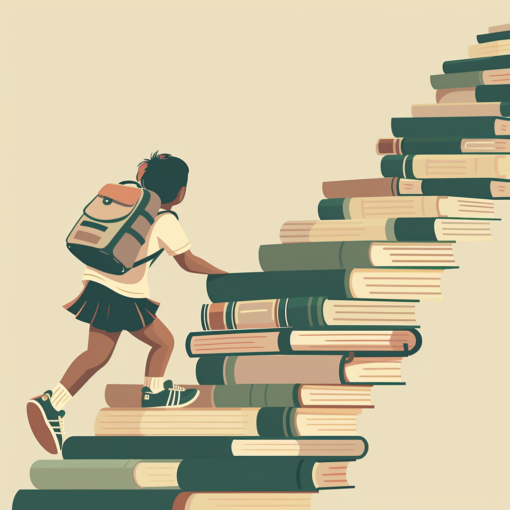Child climbing a staircase made of vintage hardcover books in a bright sunlit library space, symbolizing upward growth and learning