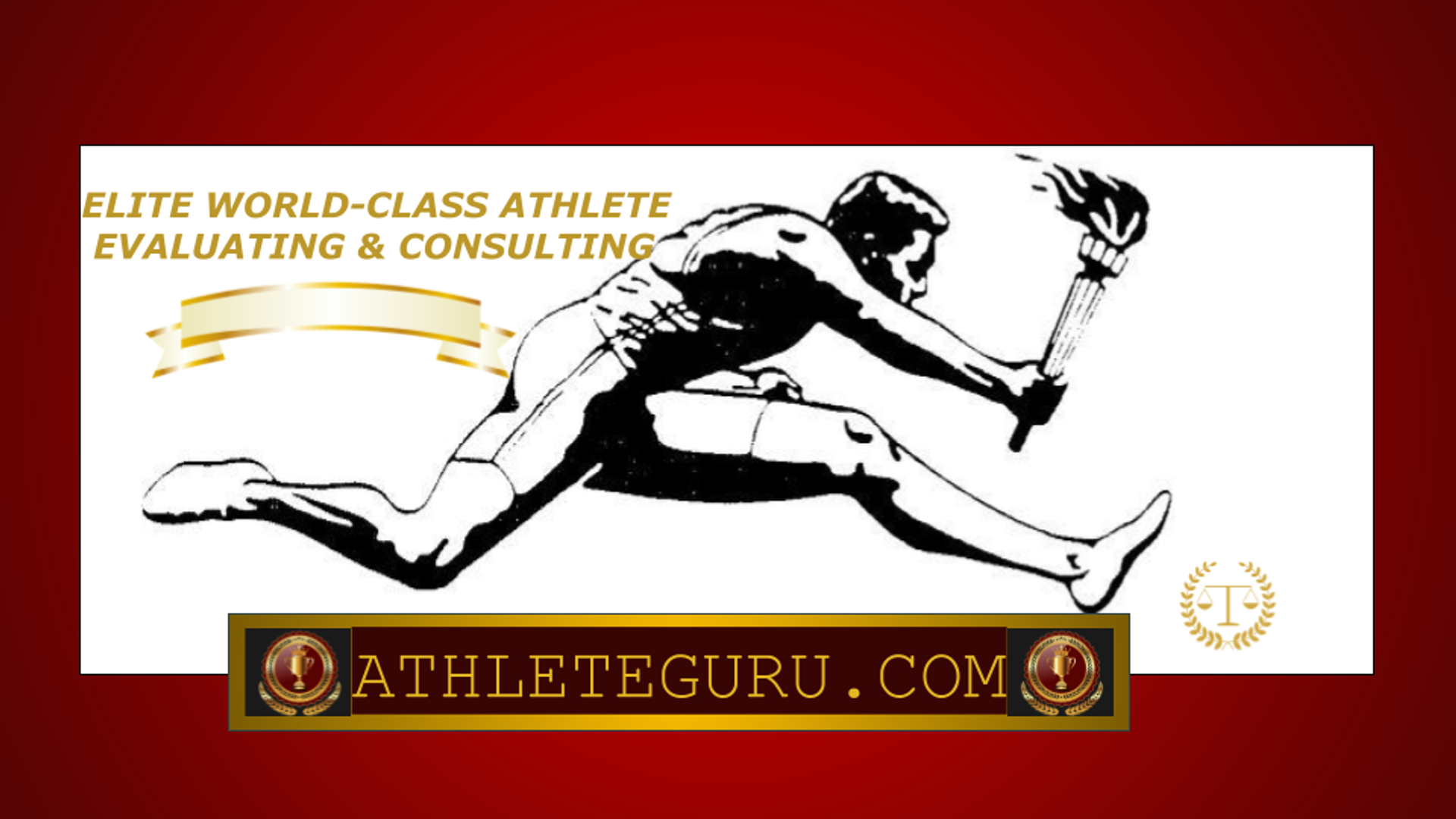 Logo of Athlete Guru, consisting of a hand-illustrated runner, clutching a Statute of Liberty-like torched flame in his right hand, as he hurdles a large rectangled box that houses ATHLETEGURU.COM in uppercase gold lettering.