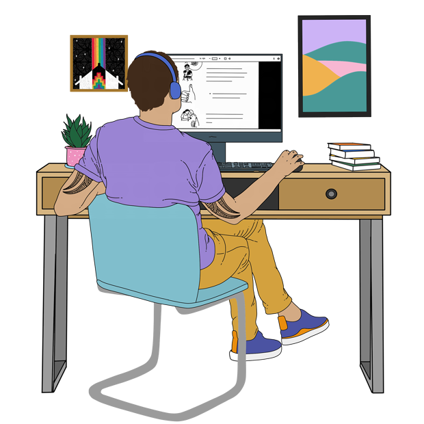 a person sitting at a desk with an easy read document open on their computer. They're wearing headphones and surrounded by pictures, a house plant, books, etc.