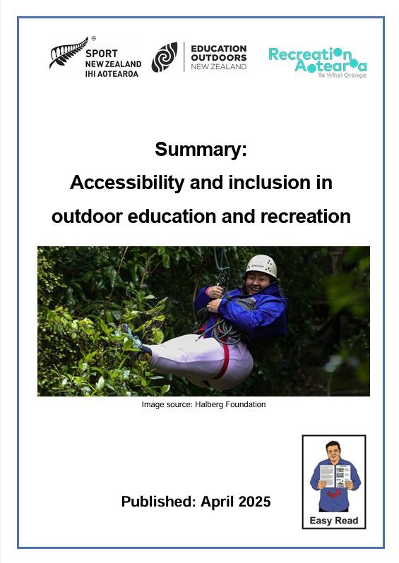 Cover of Easy Read document Summary: Accessibility and inclusion in outdoor education and recreation. There is a person riding a flying fox on the cover.