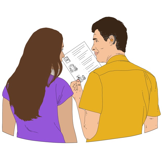 two people viewed from behind, looking at an Easy Read document