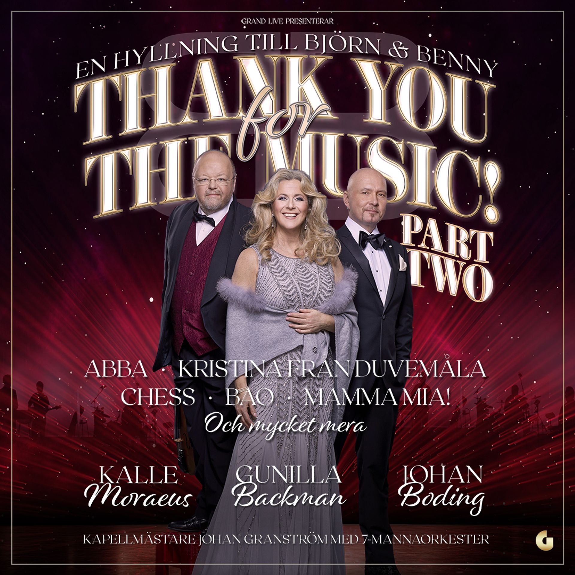 Manér bild för Thank you for the music - part two. på bilden står Kalle Moraeus, Gunilla Backman och Johan Boding I finkläder.