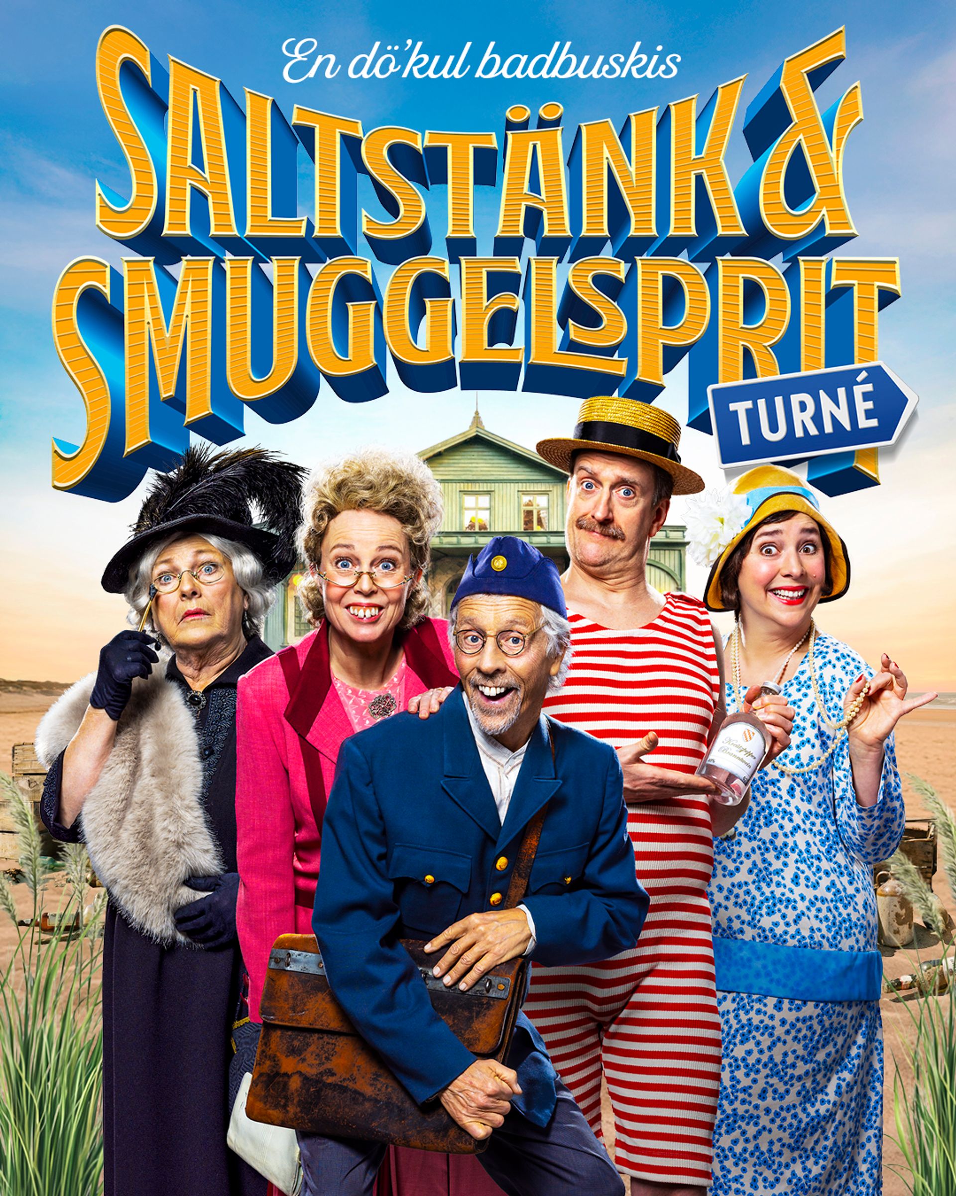 Manér för Saltstänk och smuggelsprit som ska på turné. Karaktärerna syns stå på en strand med hav och himmel i bakgrunden.
