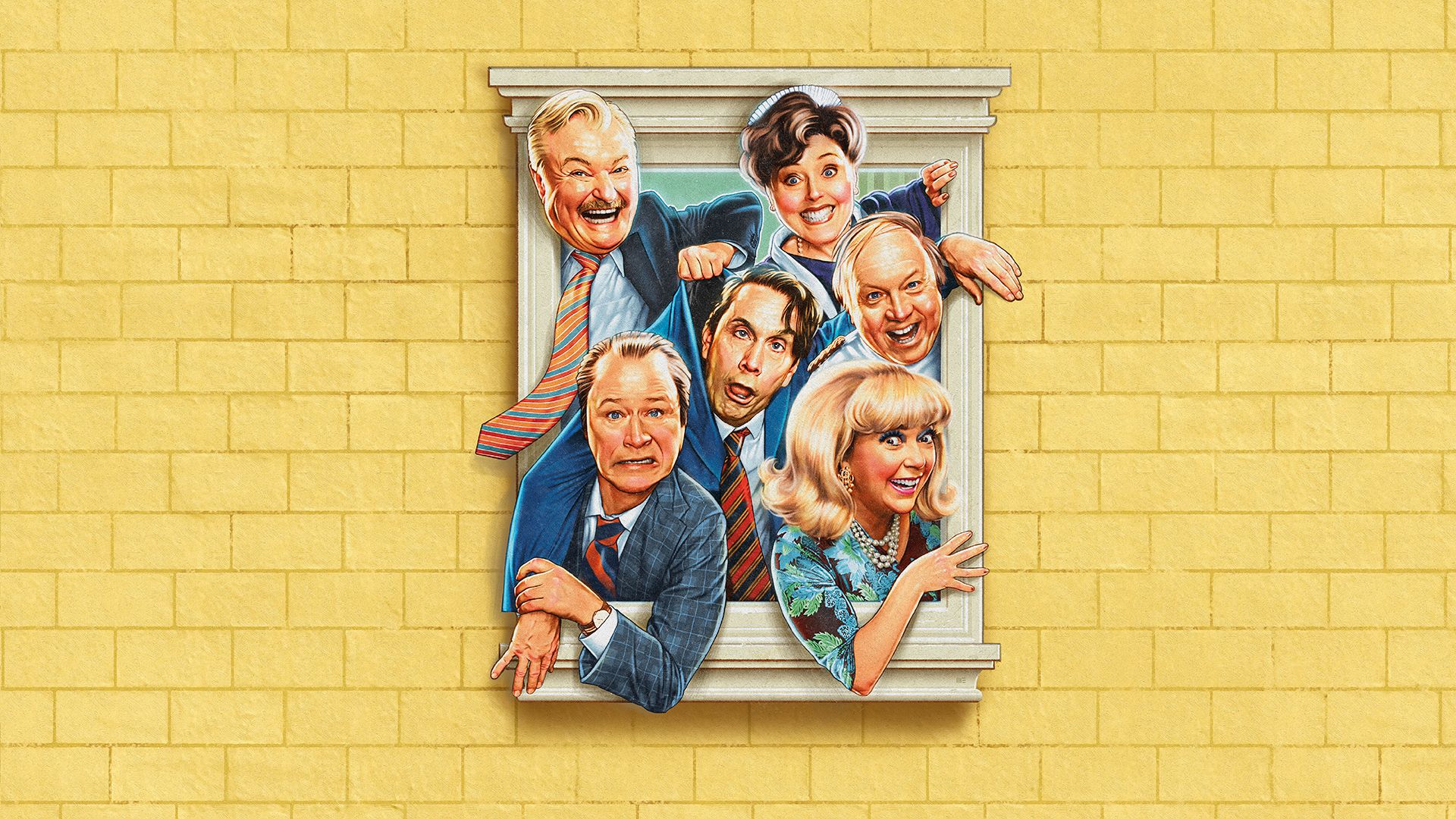 Manér för föreställningen Trassel. En tecknad bild av Robert Gustafsson, Peter Dalle, Malin Cederbladh, Ola Forssmed och Hanna Dorsin som tittar ut genom ett fönster på ett gult tegelhus.