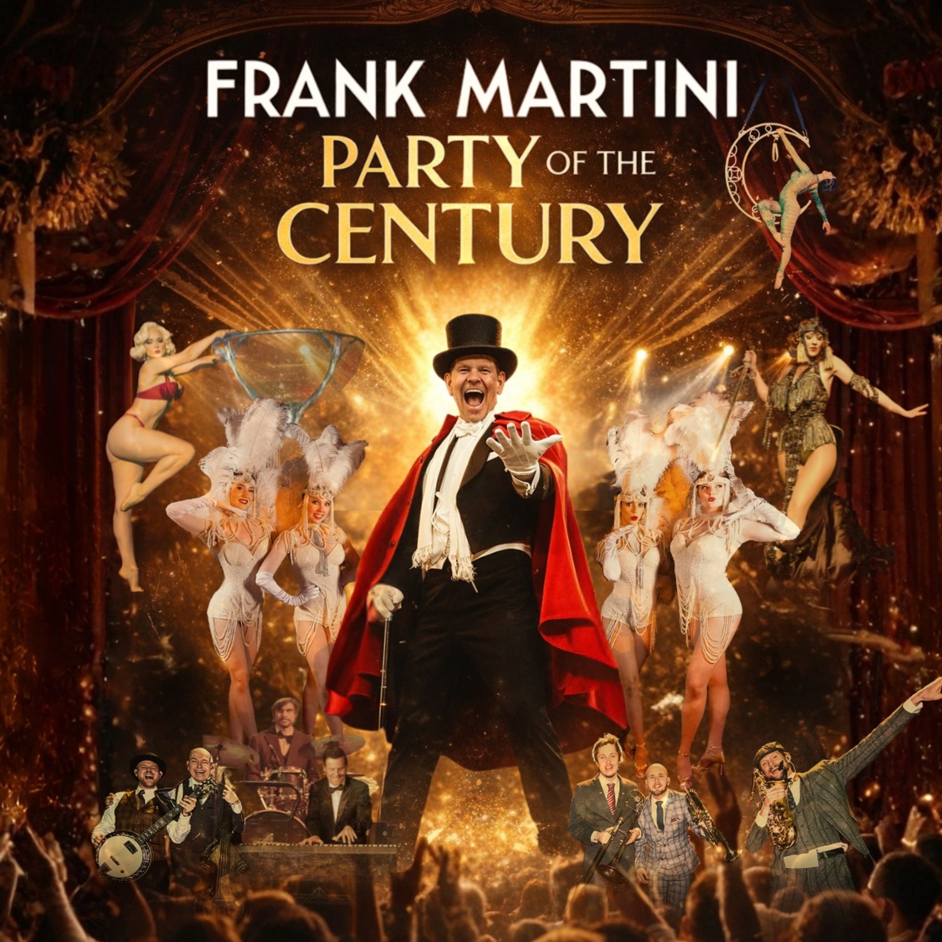 Manérbild för Frank Martini Party of the Century. En man som ser ut som en cirkusdirektör och runt honom är det kvinnliga dansare med fjädrar på huvudet.