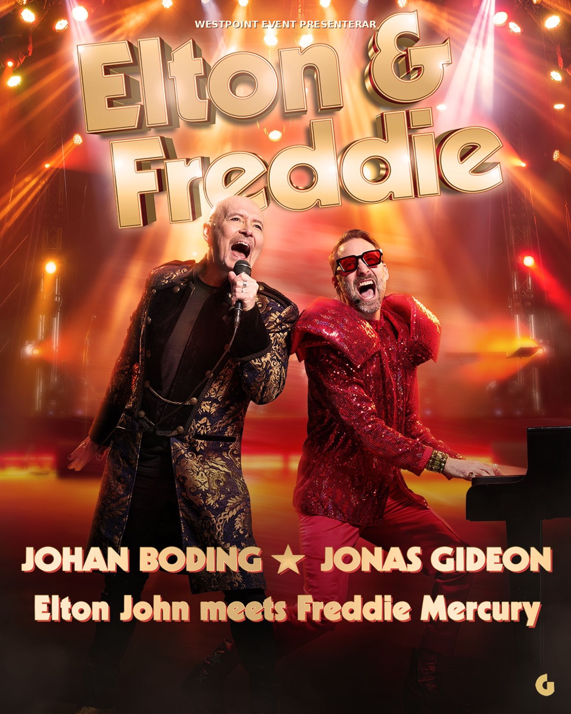 Manér för Elton & Freddie med texten Elton John meets Freddie Mercury och artister vid mikrofon och piano, Lorensbergsteatern, Göteborg, 6 april 2027