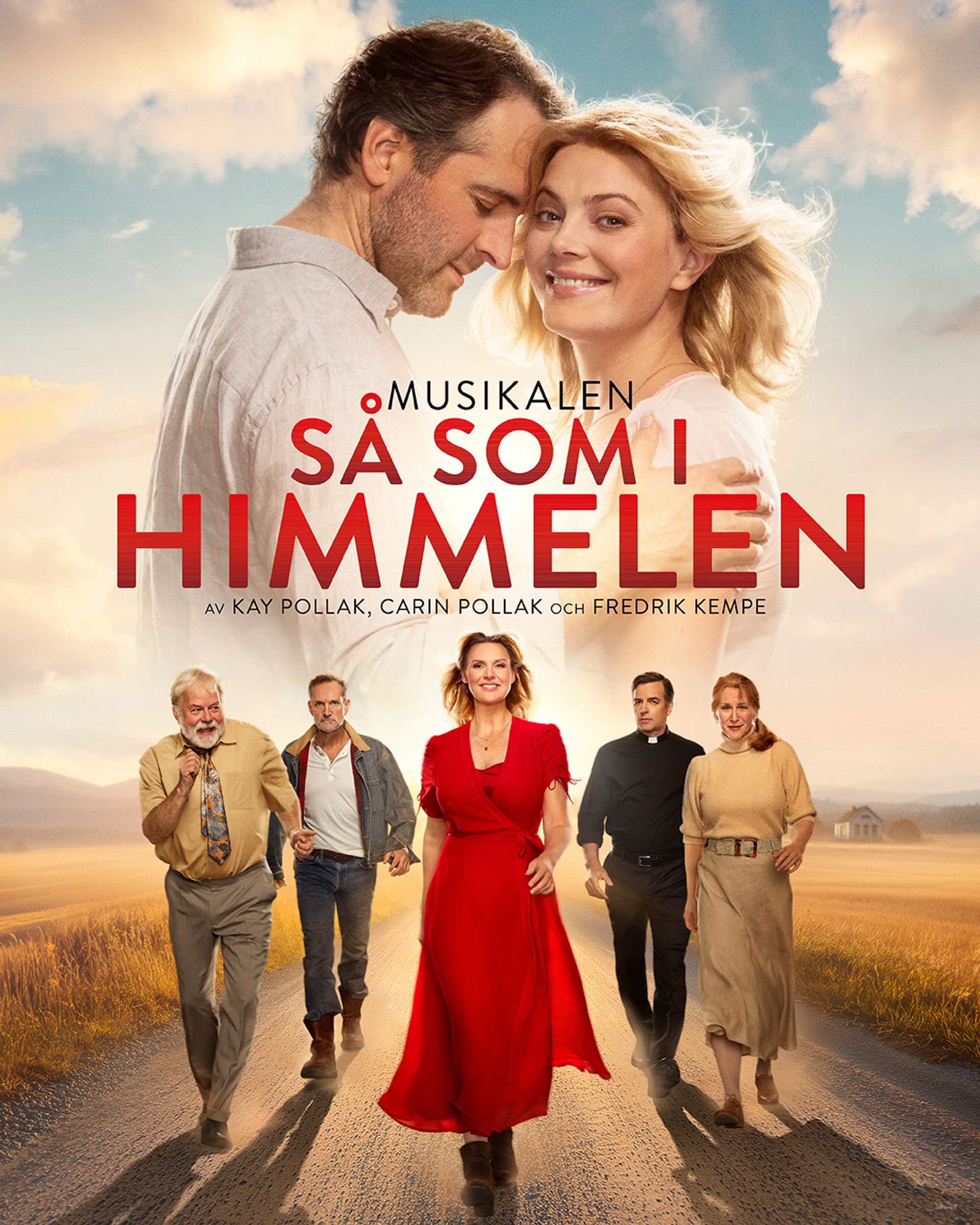 Så som i himmelen manér. Personer som går framåt i bild ledd av Sanna Nielsen på en landsväg med en äng. Ett par som ser lyckliga ut tillsammans syns längre upp i bild.