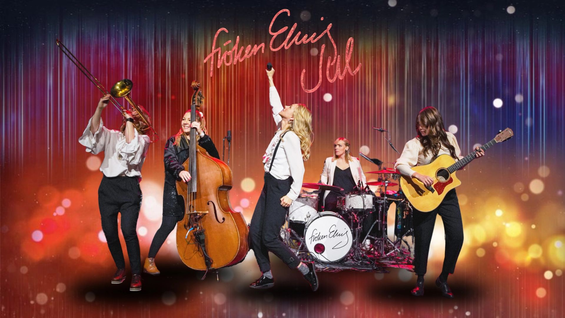 Thumbnail för Fröken Elvis Jul, som spelas på Intiman i Stockholm den 8 december. Fem kvinnor uppträder på scen med trombon, kontrabas, trummor och gitarr. I mitten står en blond sångerska med mikrofonen höjd i luften. Scenen lyses upp av varma röda, orange och lila toner med glittrande ljuseffekter. Överst står ”Fröken Elvis Jul” i rosa skrivstil.