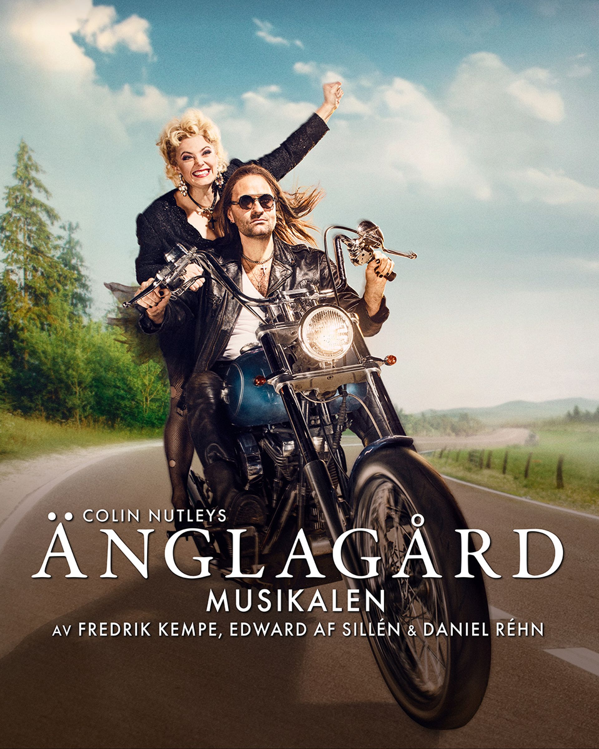 Affisch för Änglagård musikalen. Ett par på motorcykel.