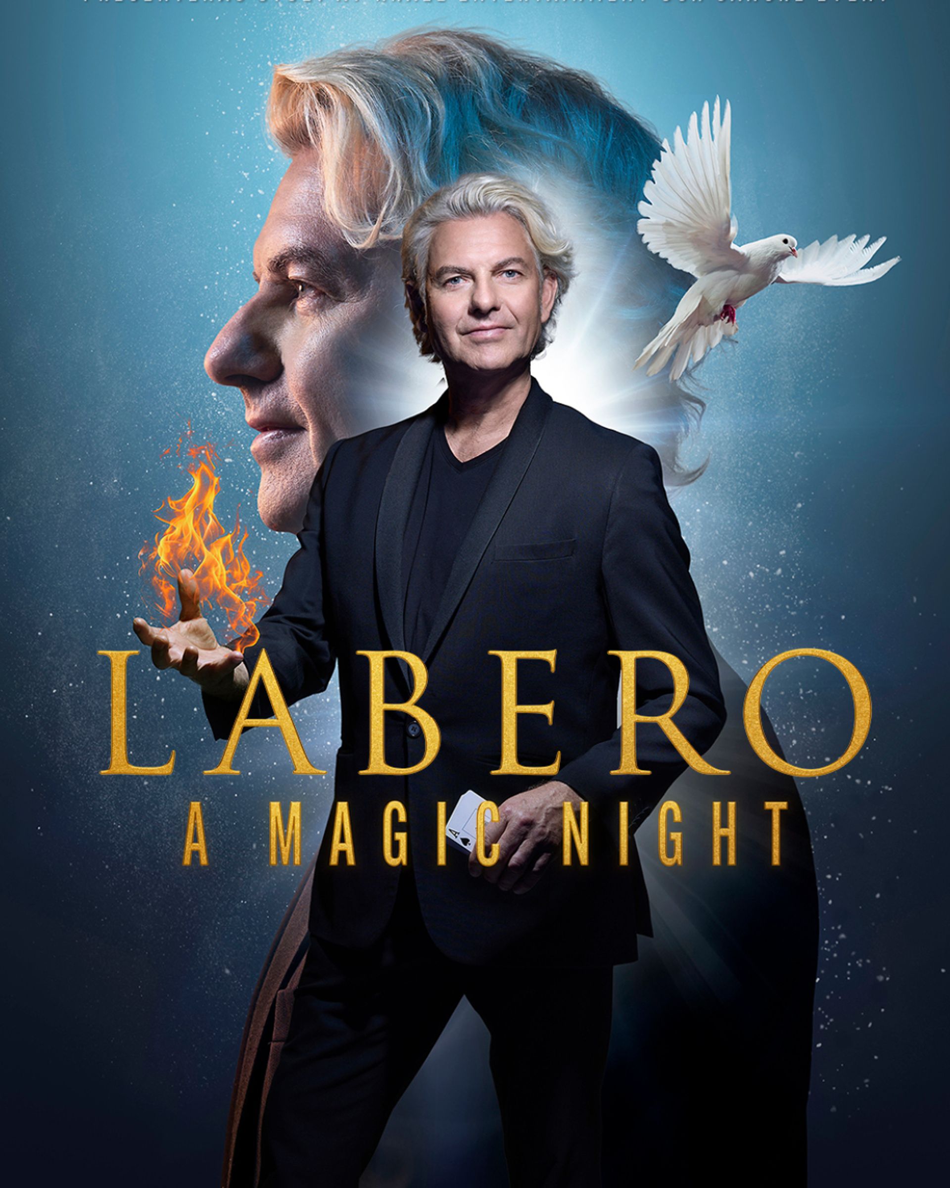 Manér för Labero Scandinavian Tour med Labero som poserar med eld och en duva