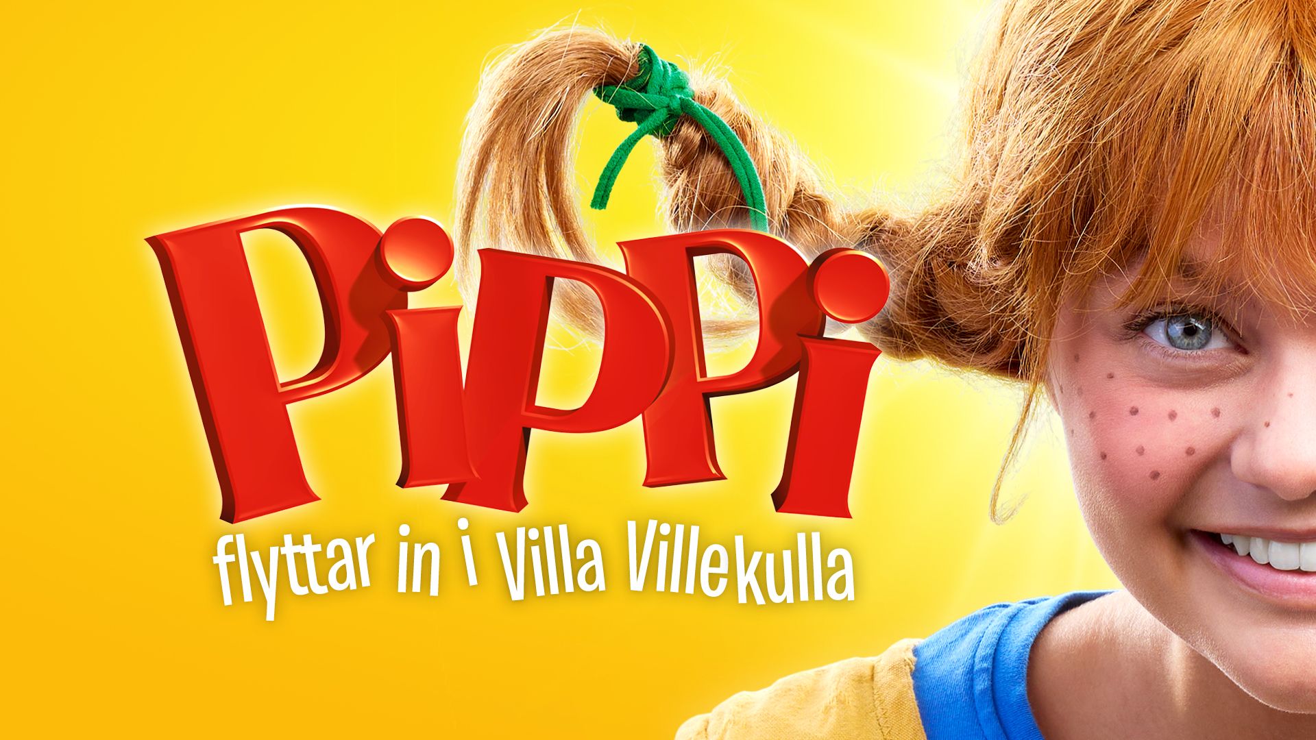 Manér för Pippi flyttar in i Villa Villekulla. Pippi syns med halva ansiktet i bild med en gul bakgrund. Logotypen syns stort i mitten i rött.