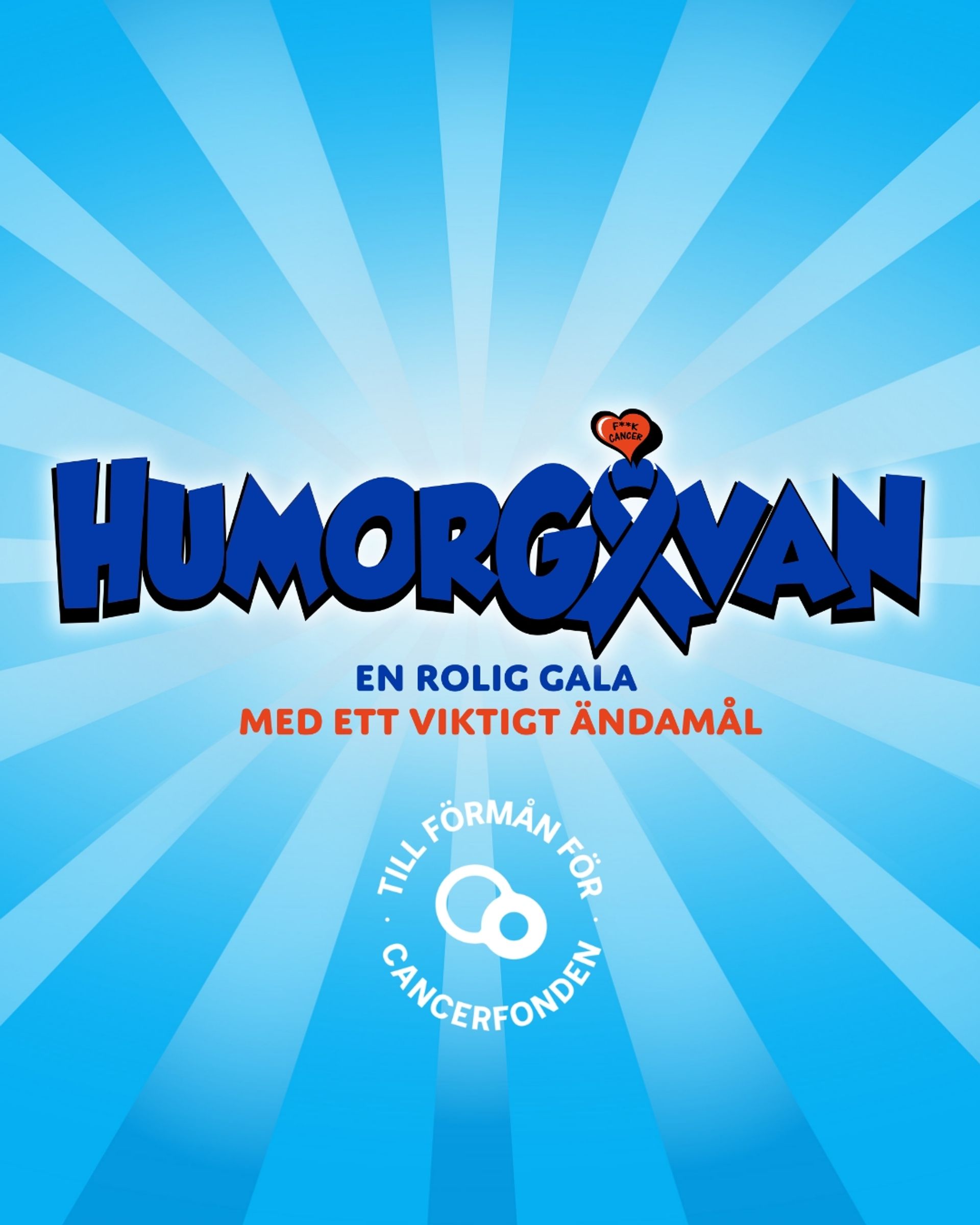 Maner bild för Humorgalan 2025. På bilden är loggan med en text under som lyder "En rolig gala med ett viktigt ändamål. Till förmån för cancerfonden" Bakgrunden är randig i två olika nyanser i blått.