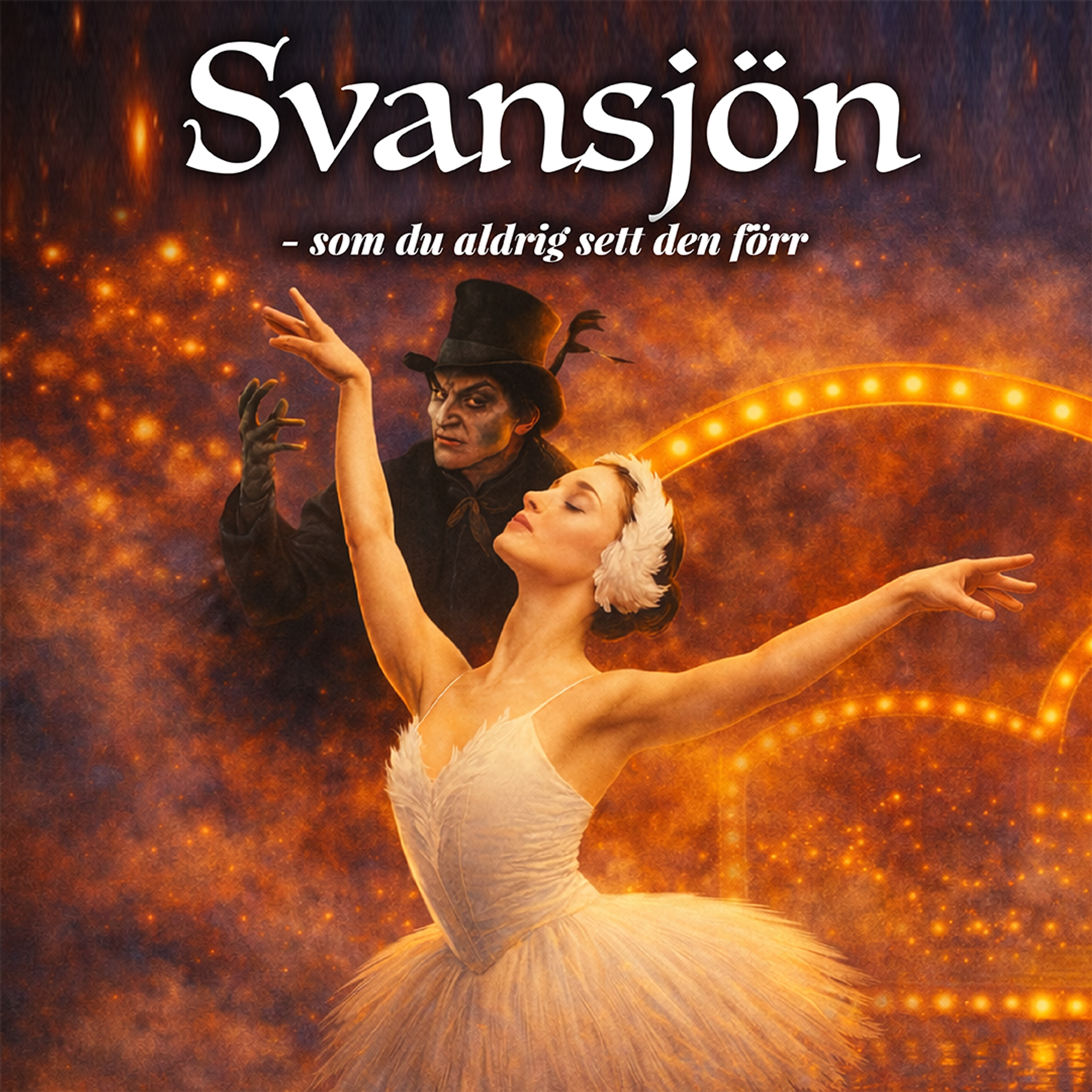 Manér för Svansjön. En ballerina syns främst i bild och bakom ser man en ond man och en cirkusartist. Bilden är gyllene i tonen.