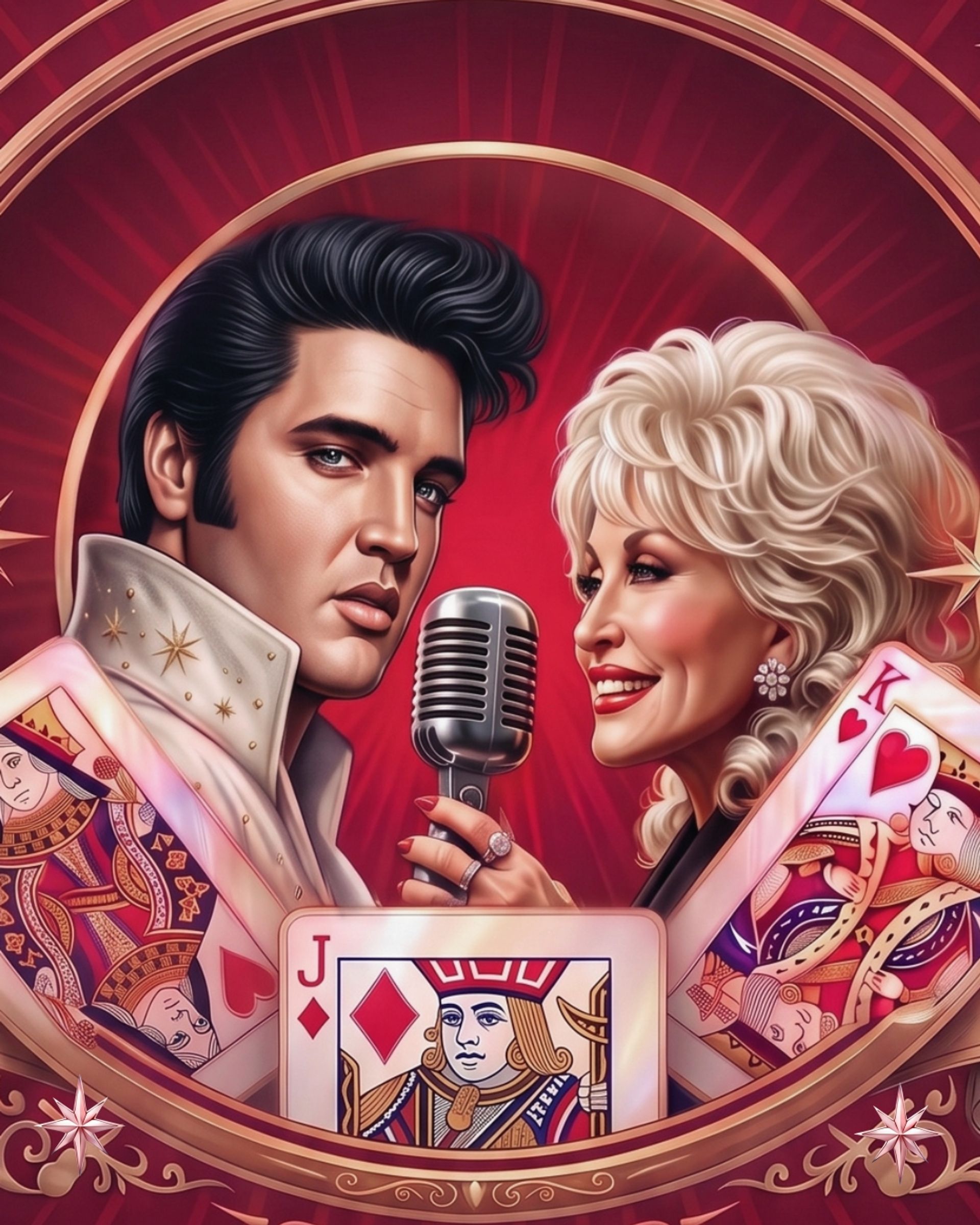 Illustrerad bild för From A Jack To A King med Elvis Presley och Dolly Parton vid en mikrofon, omgivna av spelkort mot röd bakgrund. Spelas på Lorensbergsteatern i Göteborg 21 april 2027.