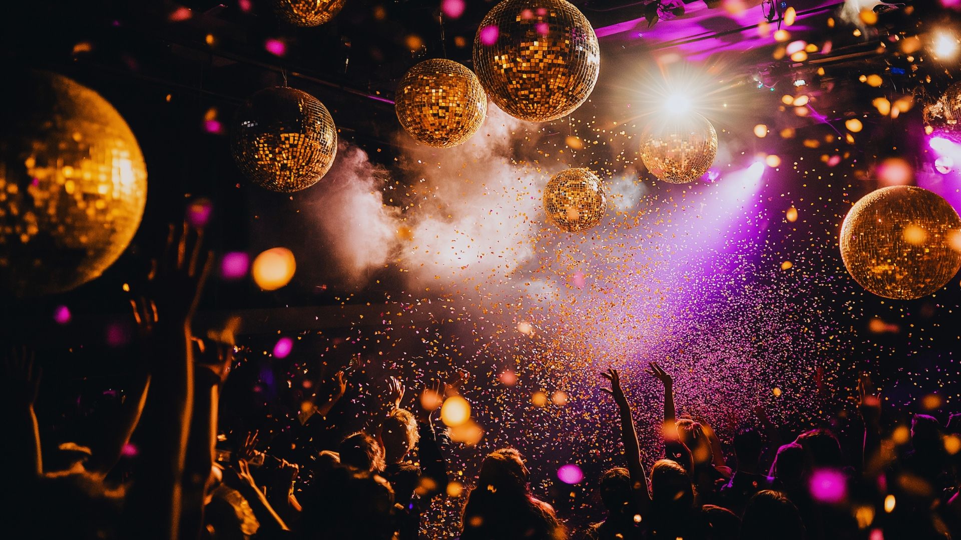 Glittrande manérbild för Golden Hits Dinner Show – med discokulor, konfetti och peppad publik i partystämning