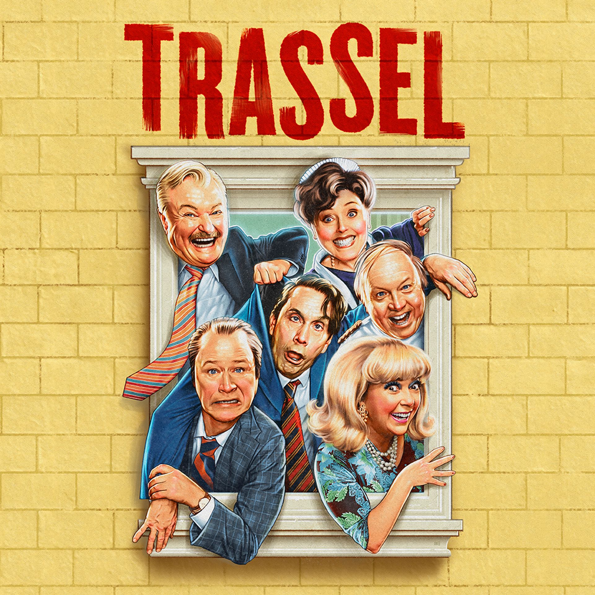 Manér för föreställningen Trassel. En tecknad bild av Robert Gustafsson, Peter Dalle, Malin Cederbladh, Ola Forssmed och Hanna Dorsin som tittar ut genom ett fönster på ett gult tegelhus.