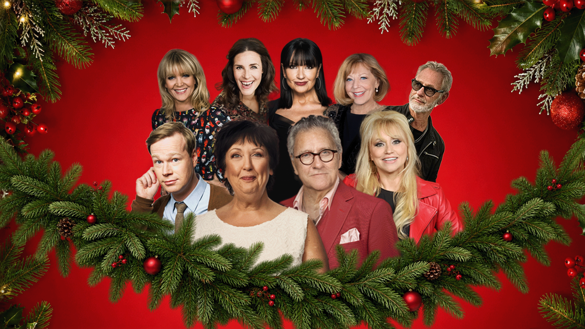 Affisch för julshowen Julen kommer tidigt i år! med röd bakgrund och grankvistar som ramar in bilden. Åtta artister och profiler poserar framför kameran i en julinspirerad design.