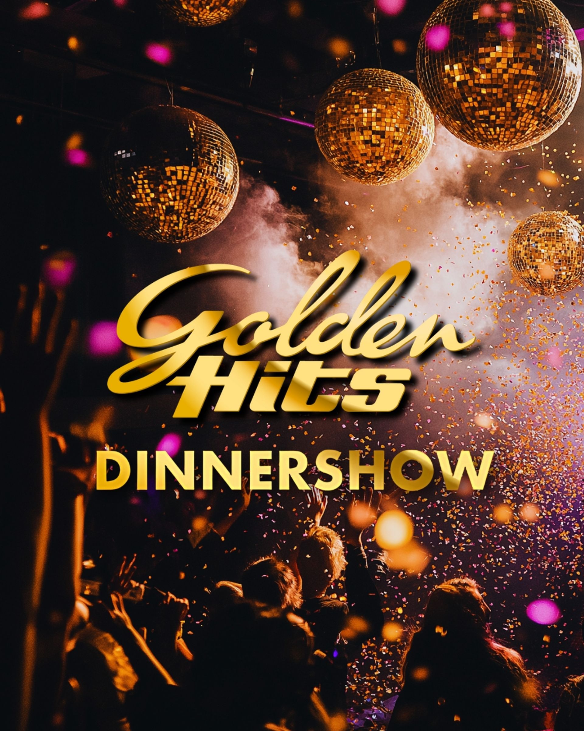 Glittrande manérbild för Golden Hits Dinner Show – med discokulor, konfetti och peppad publik i partystämning