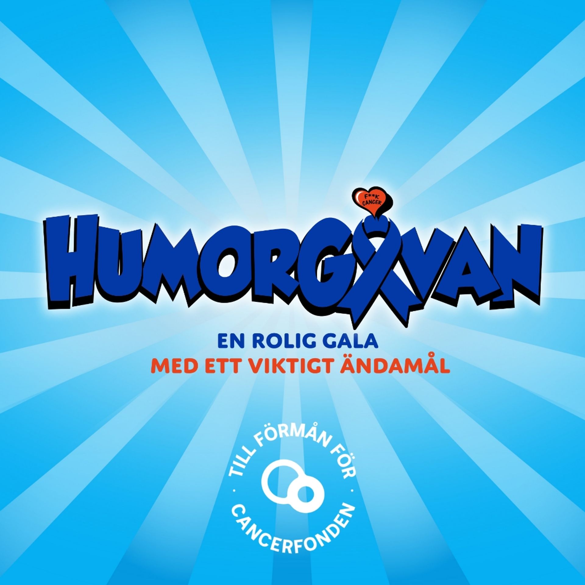 Maner bild för Humorgalan 2025. På bilden är loggan med en text under som lyder "En rolig gala med ett viktigt ändamål. Till förmån för cancerfonden" Bakgrunden är randig i två olika nyanser i blått.