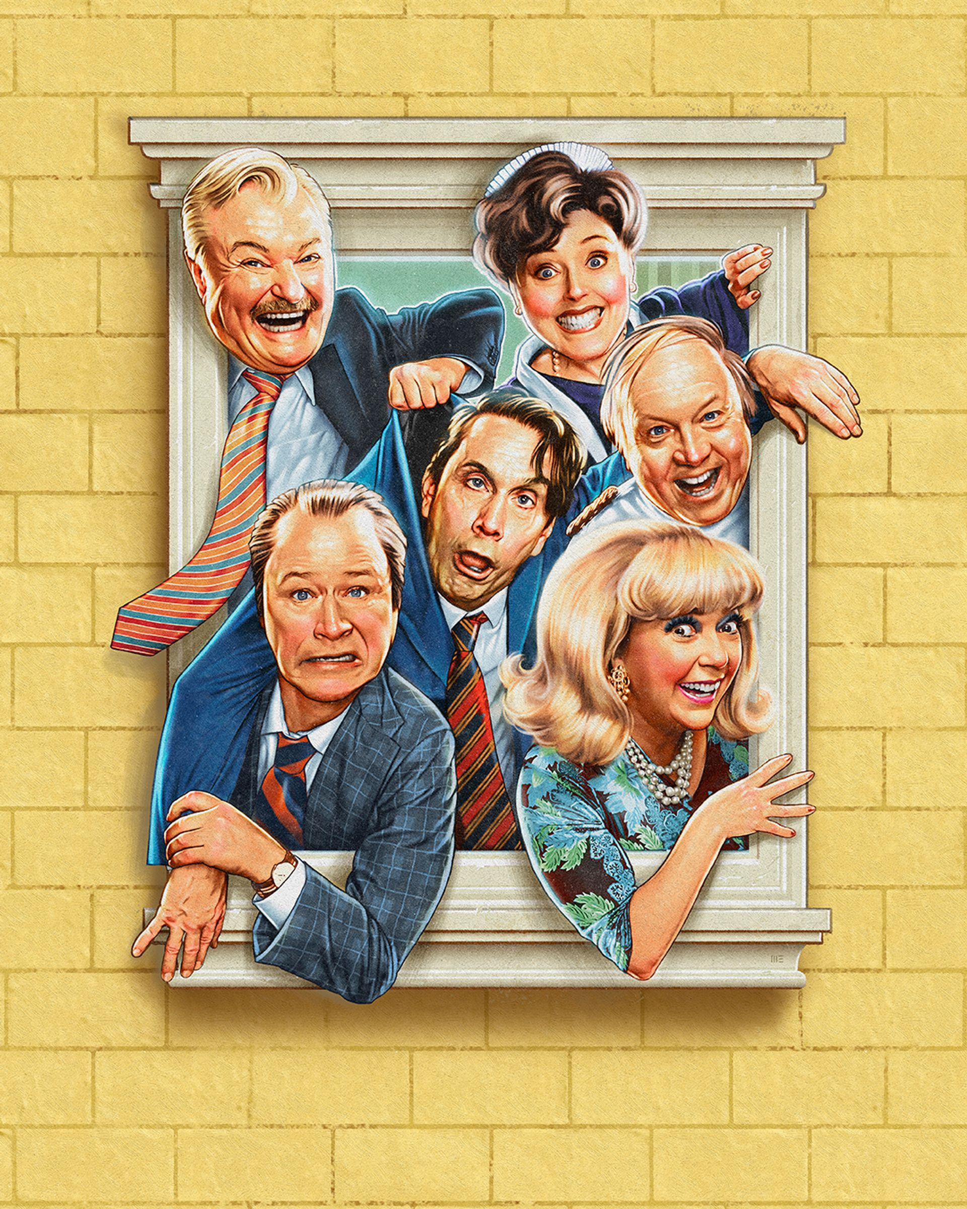 Manér för föreställningen Trassel. En tecknad bild av Robert Gustafsson, Peter Dalle, Malin Cederbladh, Ola Forssmed och Hanna Dorsin som tittar ut genom ett fönster på ett gult tegelhus.