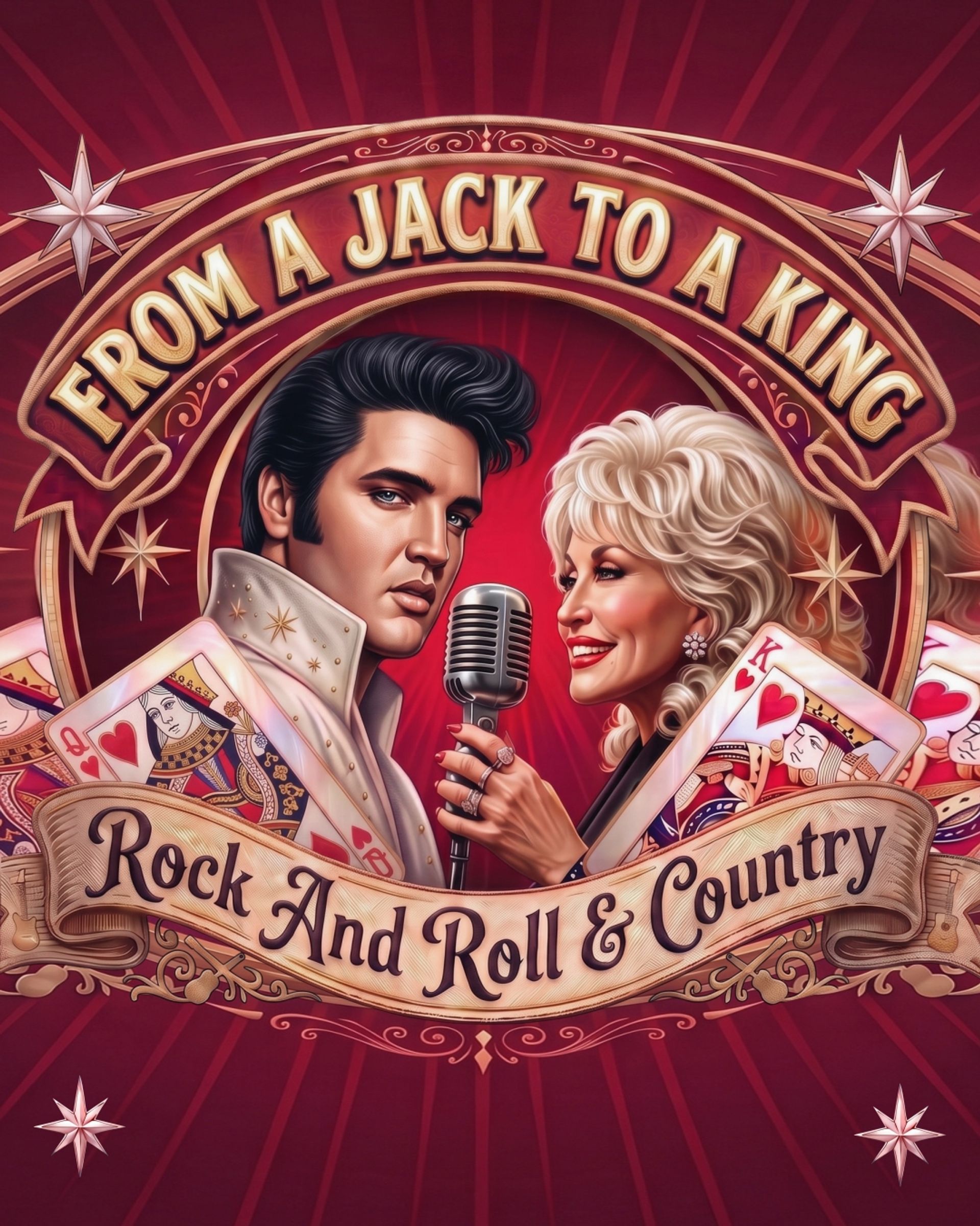 Illustrerad affisch för From A Jack To A King – Rock And Roll & Country med Elvis Presley och Dolly Parton vid en mikrofon, omgivna av spelkort. Spelas på Lorensbergsteatern i Göteborg 21 april 2027.