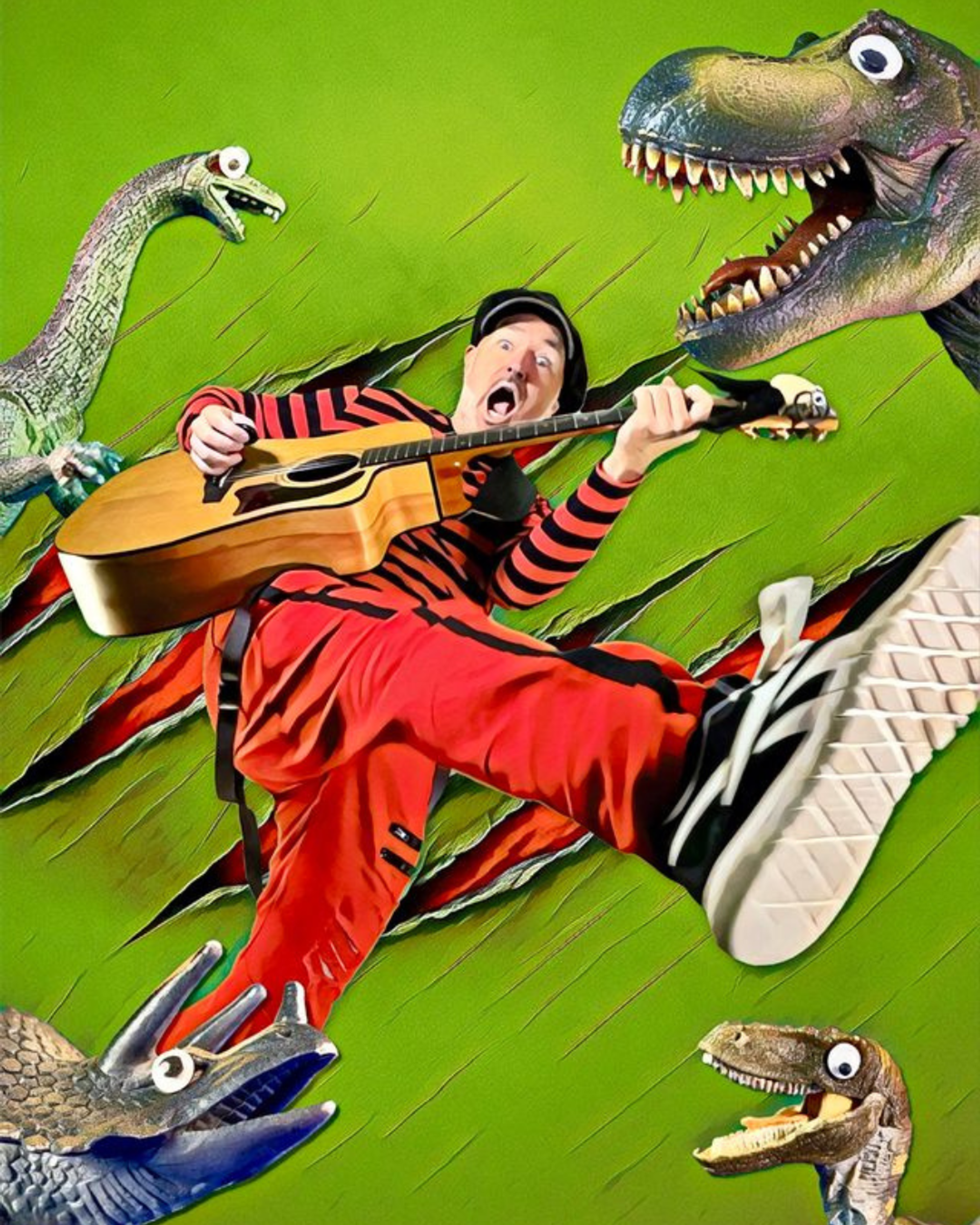 Manér bild för Pappa Kapsyl - Dinosaurielåtar. Pappa Kapsyl står mitt i bilden med röda kläder och en gitarr. Runt honom är det flera dinosaurier.