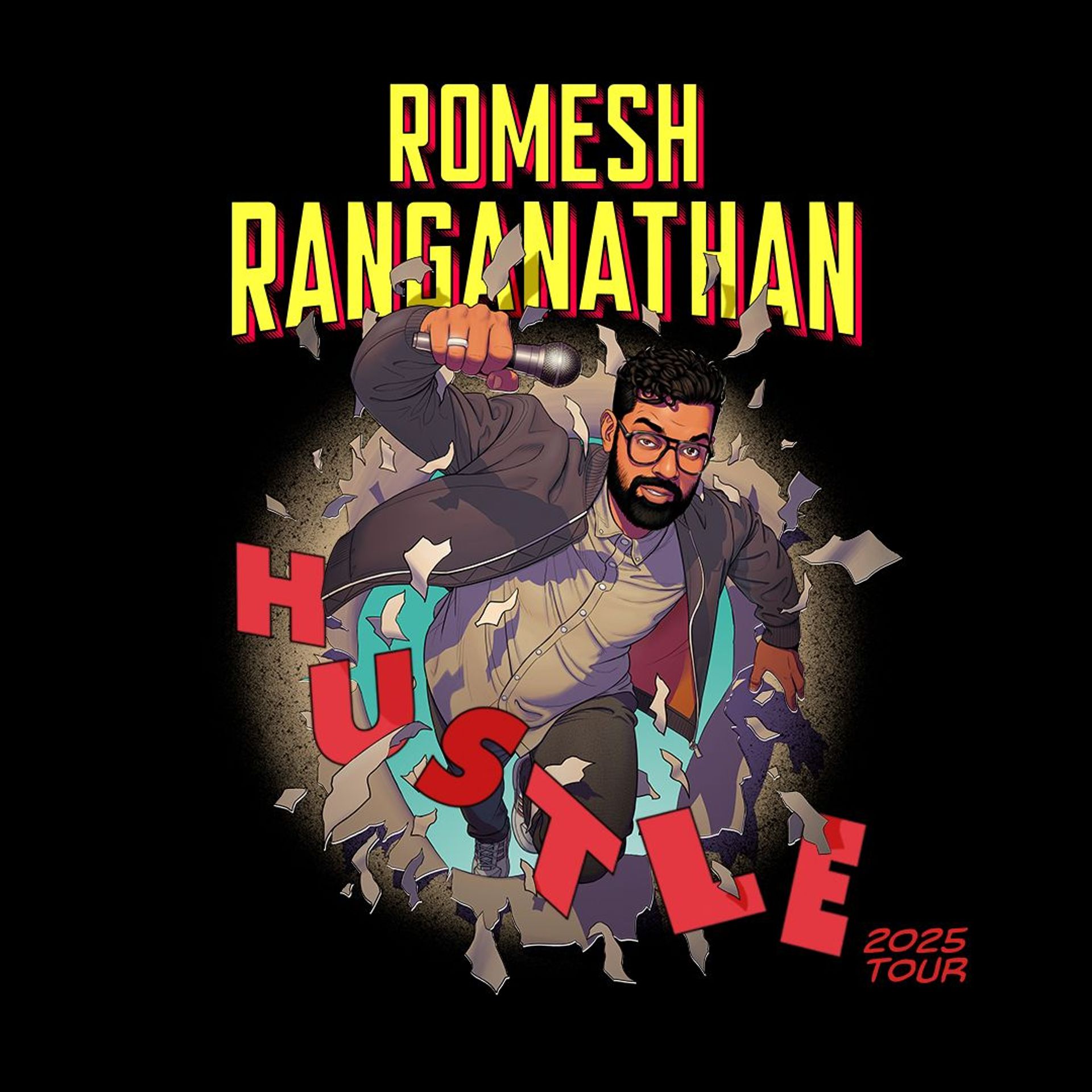 Tecknad bild på Romesh Ranganathan. Springer fram med en mikrofon i handen.