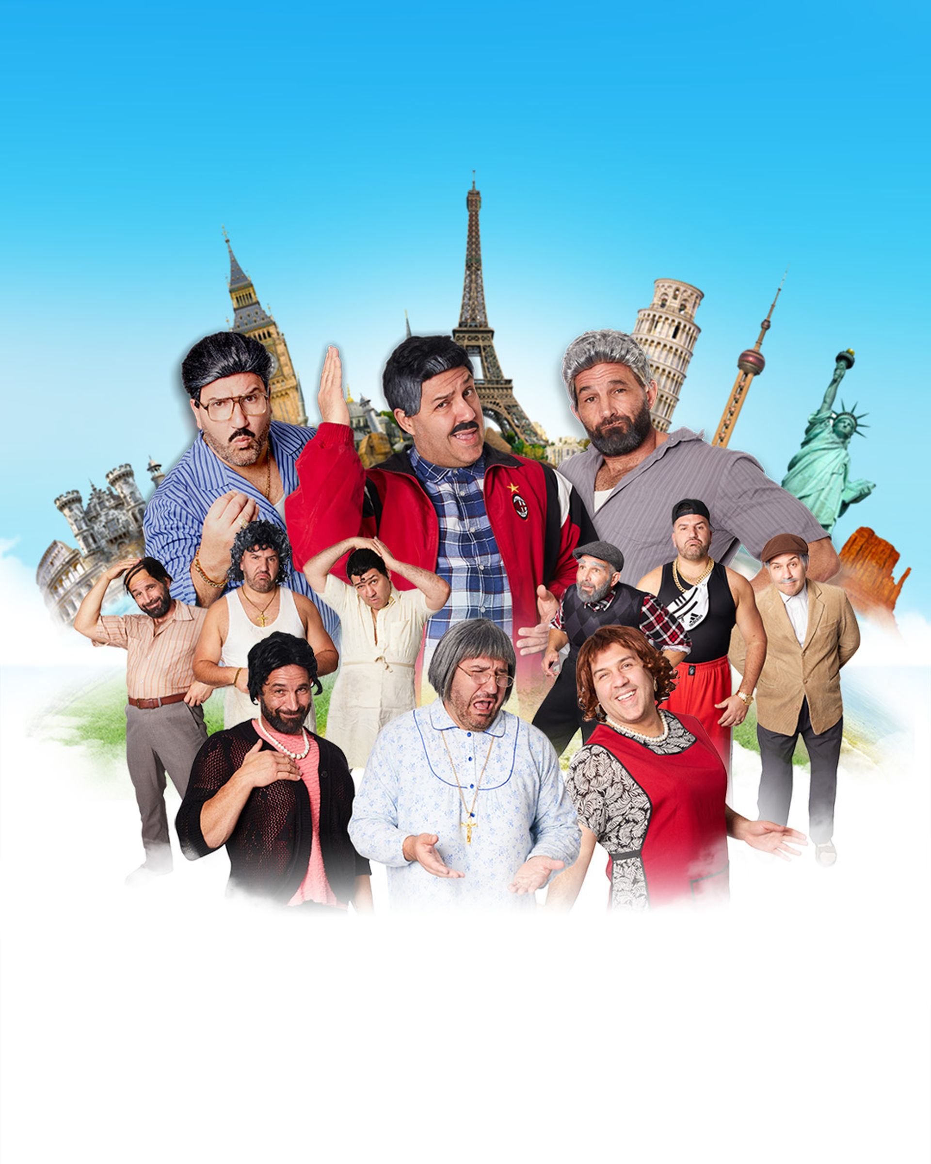 Manér för turnén "Home made" med Sooshi Mango. I bild ser vi flera av deras karaktärer framför kända landmärken i världen.