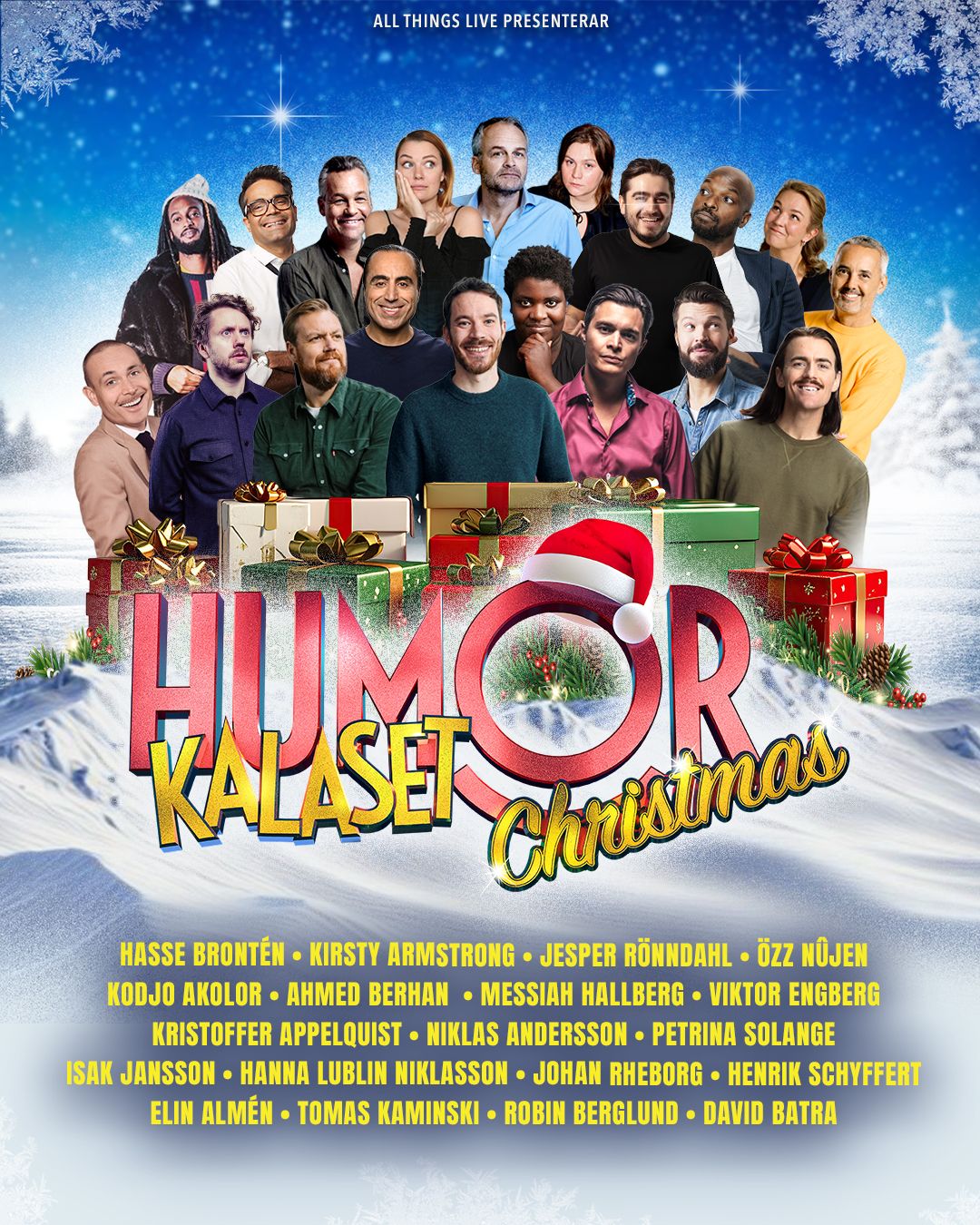 Manér för Humorkalaset Christmas. Massor av komiker radas upp inklippta i ett vinterlandskap med paket och snö.