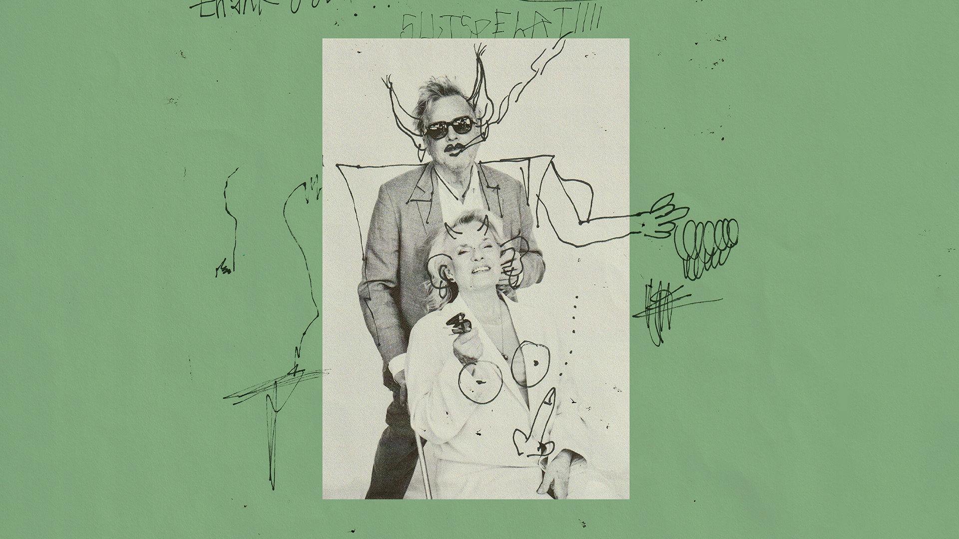 Manér för Slutspelat med Marie Göranzon & Krister Henriksson. En svartvit porträttbild på dem båda med streckritningar över sig.