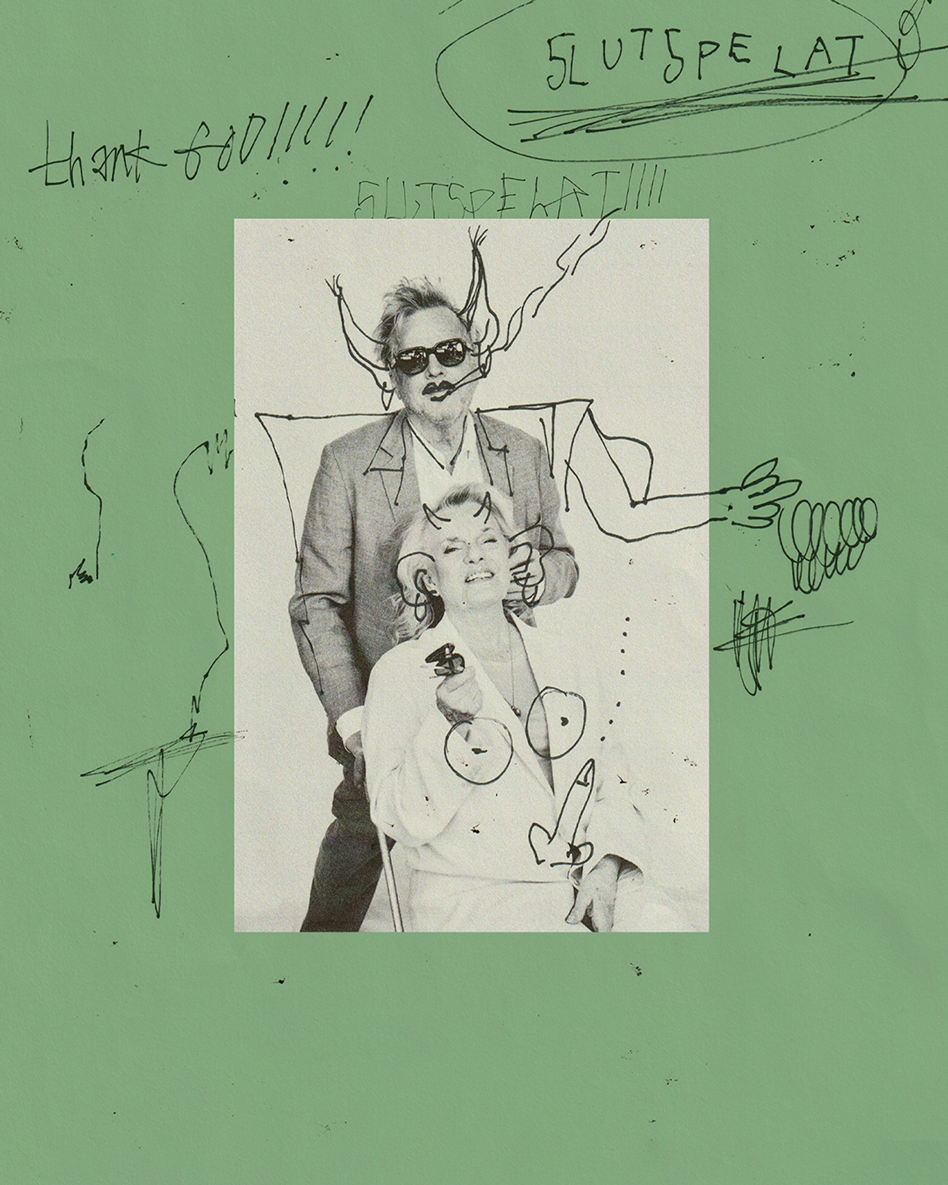 Manér för Slutspelat med Marie Göranzon & Krister Henriksson. En svartvit porträttbild på dem båda med streckritningar över sig.