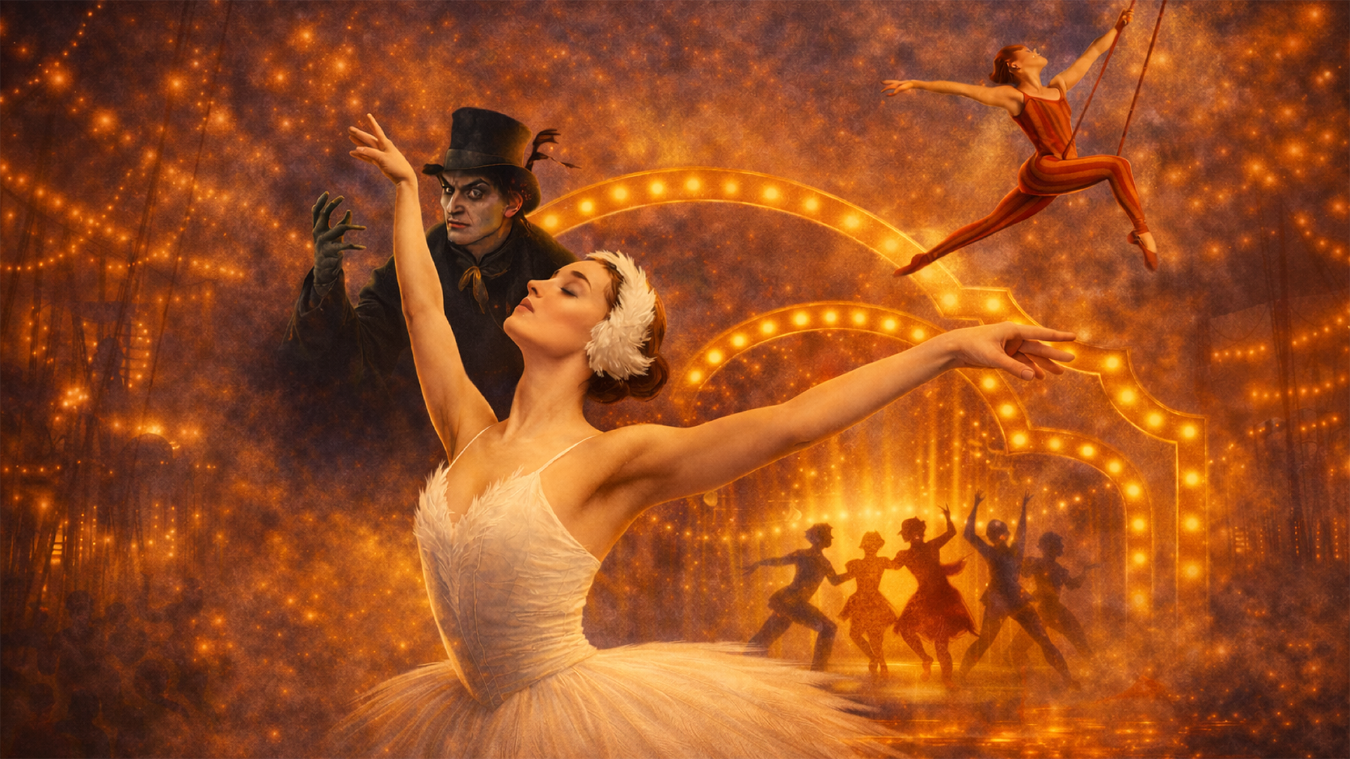 Manér för Svansjön. En ballerina syns främst i bild och bakom ser man en ond man och en cirkusartist. Bilden är gyllene i tonen.