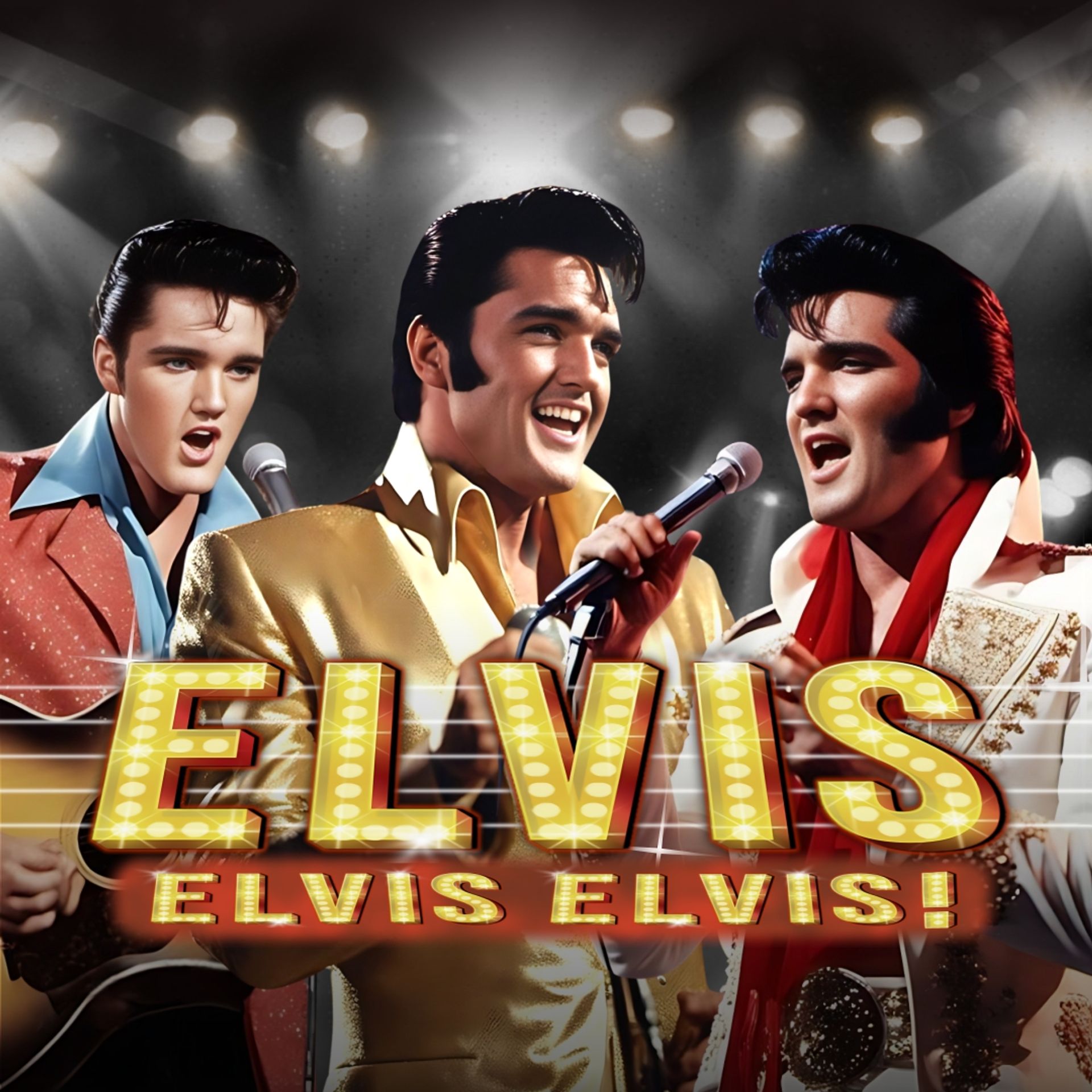 Manérbild för showen Elvis, Elvis, Elvis! Tre närbilder på när Elvis Presley står i tre olika klädslar och sjunger.