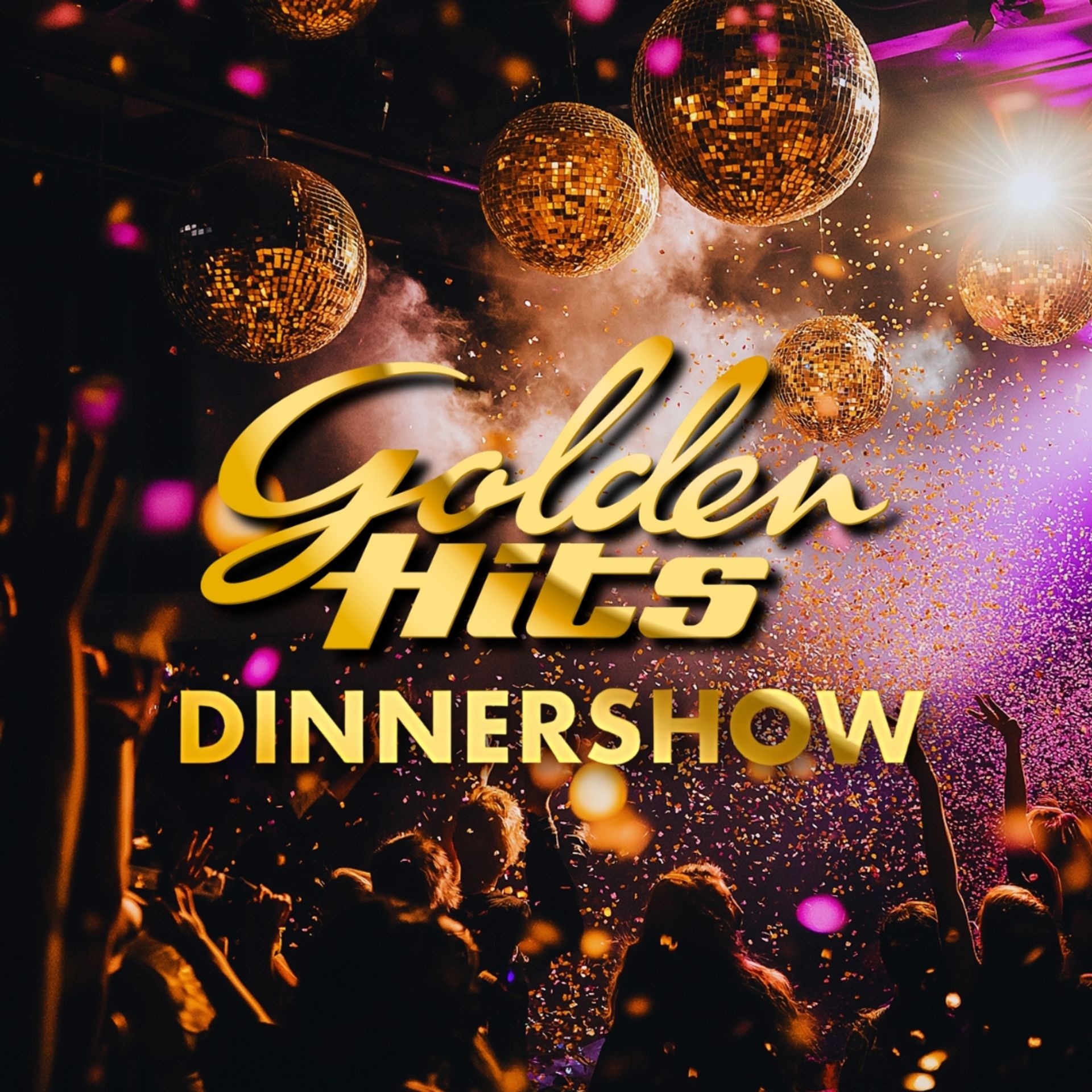 Glittrande manérbild för Golden Hits Dinner Show – med discokulor, konfetti och peppad publik i partystämning