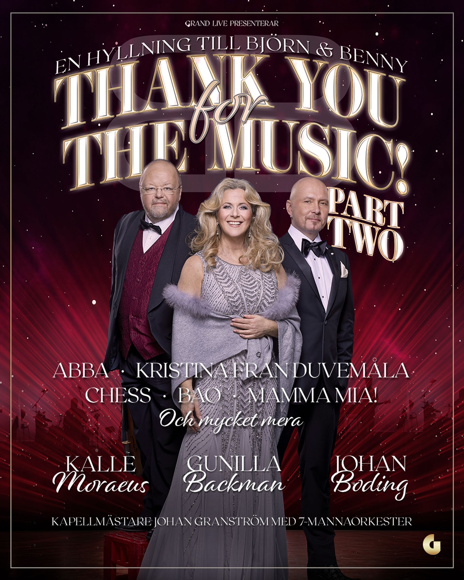 Manér bild för Thank you for the music - part two. på bilden står Kalle Moraeus, Gunilla Backman och Johan Boding I finkläder.