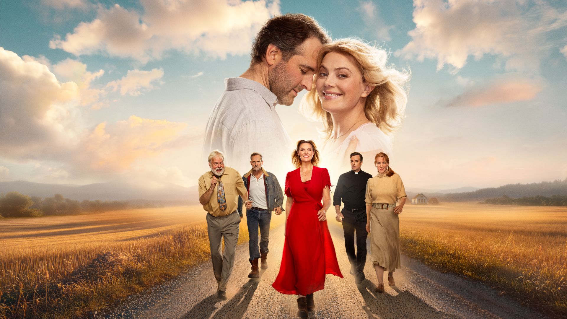 Så som i himmelen manér. Personer som går framåt i bild ledd av Sanna Nielsen på en landsväg med en äng. Ett par som ser lyckliga ut tillsammans syns längre upp i bild.