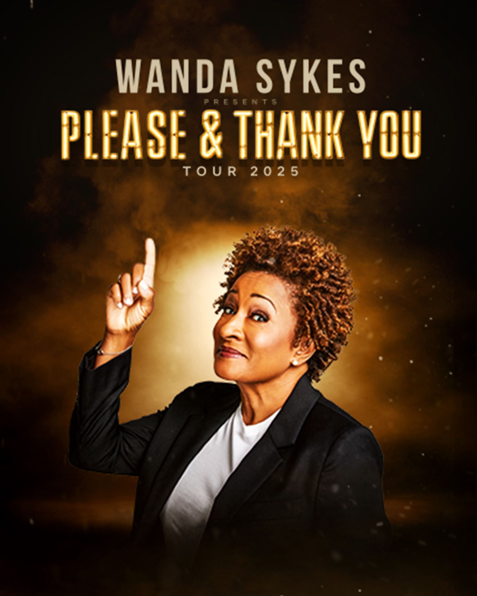 Manérbild för Wanda Sykes - Please & Thank you tour 2025. I bilden pekar hon med ett pekfinger upp i luften.