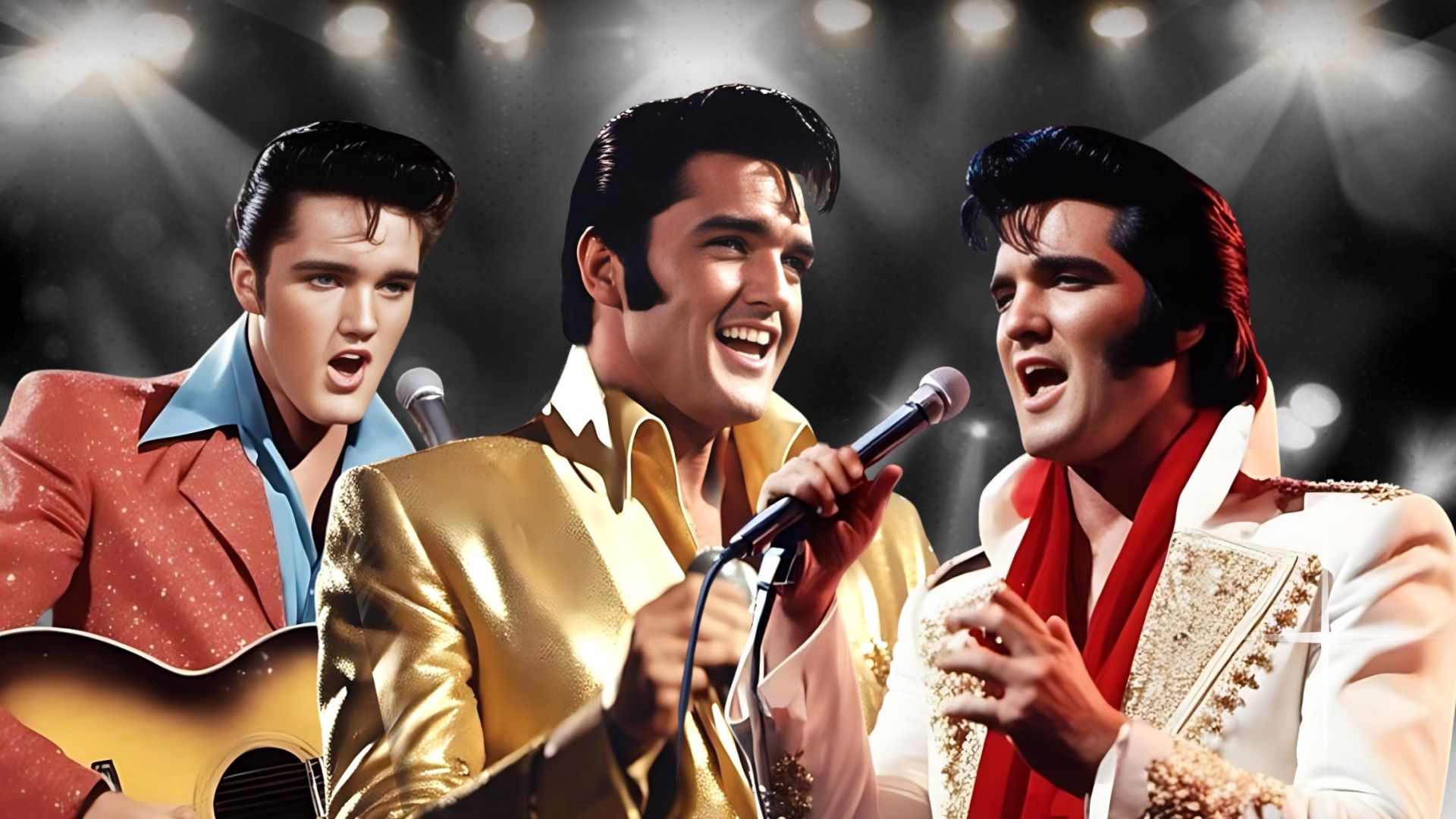 Manérbild för showen Elvis, Elvis, Elvis! Tre närbilder på när Elvis Presley står i tre olika klädslar och sjunger.