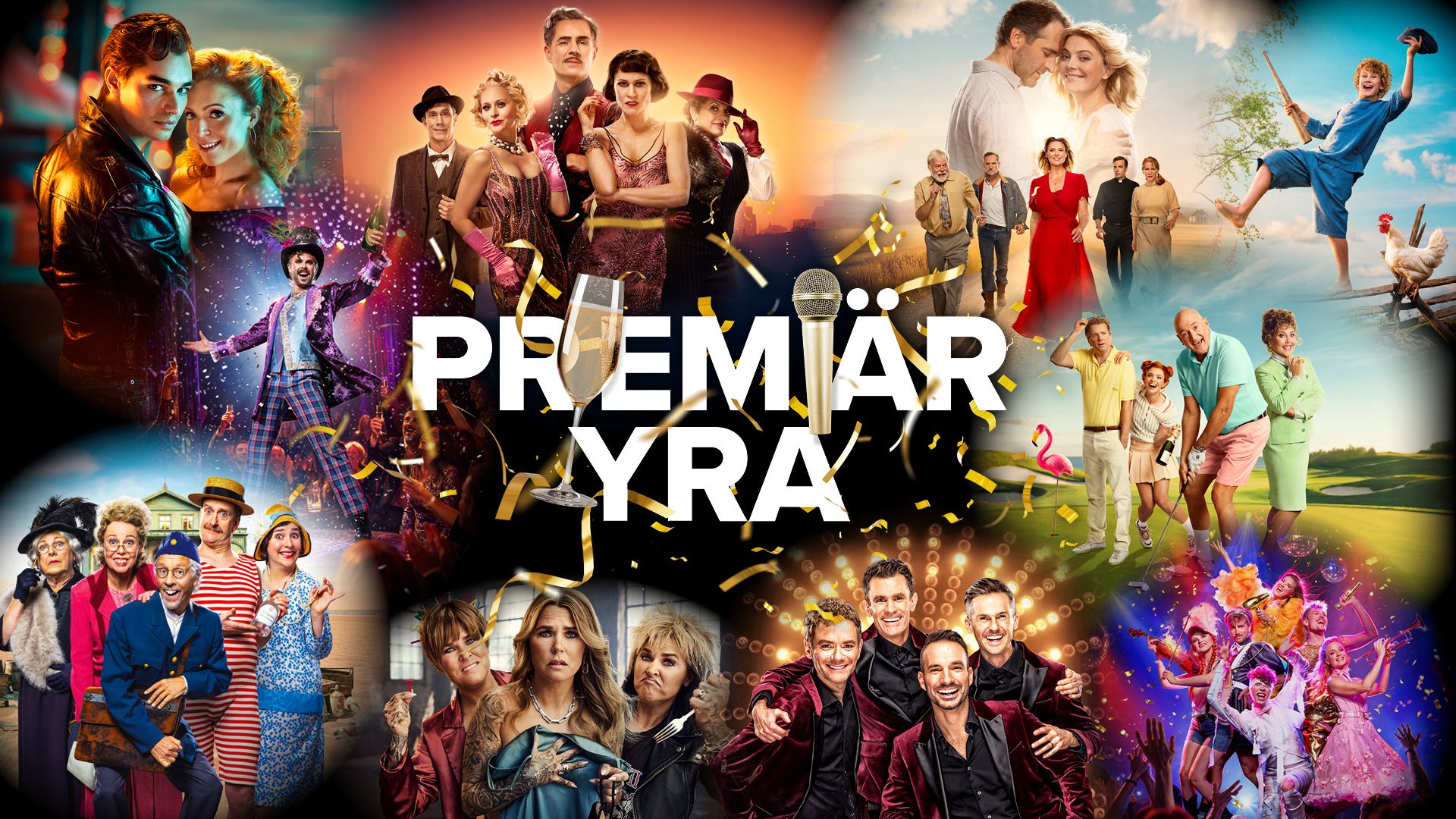 Showtic Premiaryra med collage av artister, skådespelare och föreställningar. I mitten står ”Premiäryra” i stora vita bokstäver.