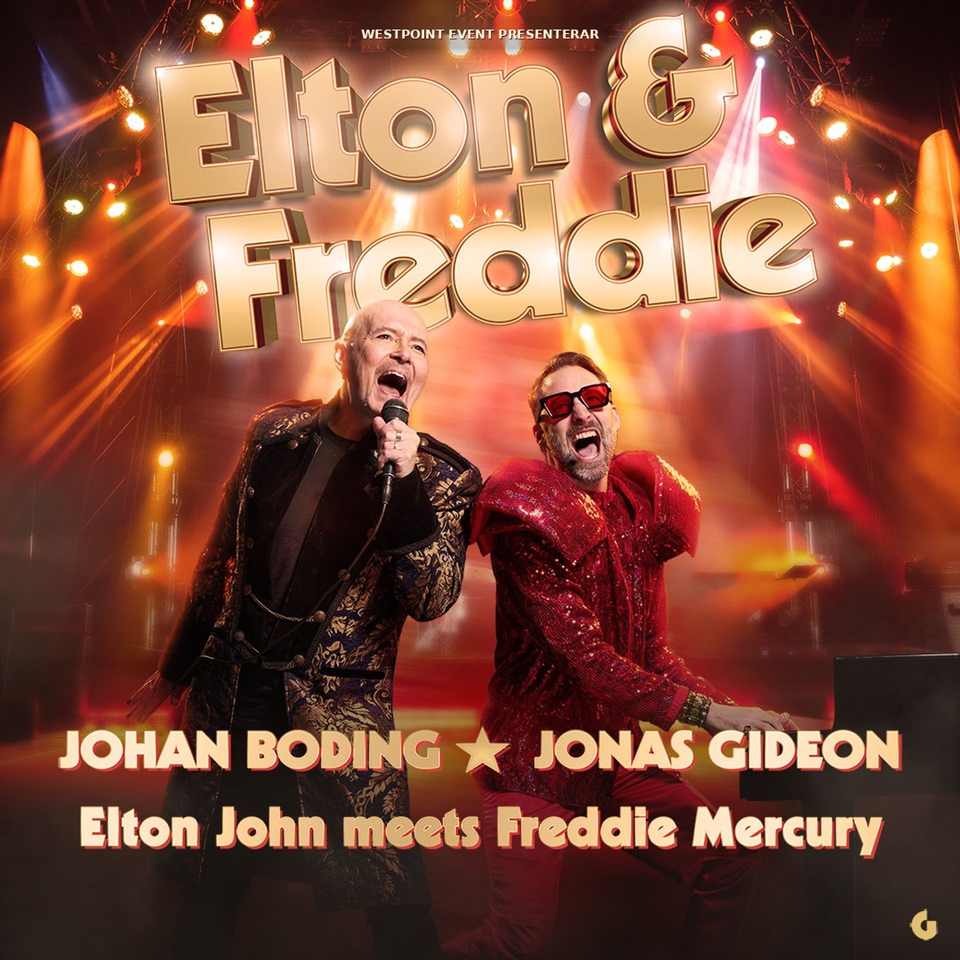 Manér för Elton & Freddie med texten Elton John meets Freddie Mercury och artister vid mikrofon och piano, Lorensbergsteatern, Göteborg, 6 april 2027