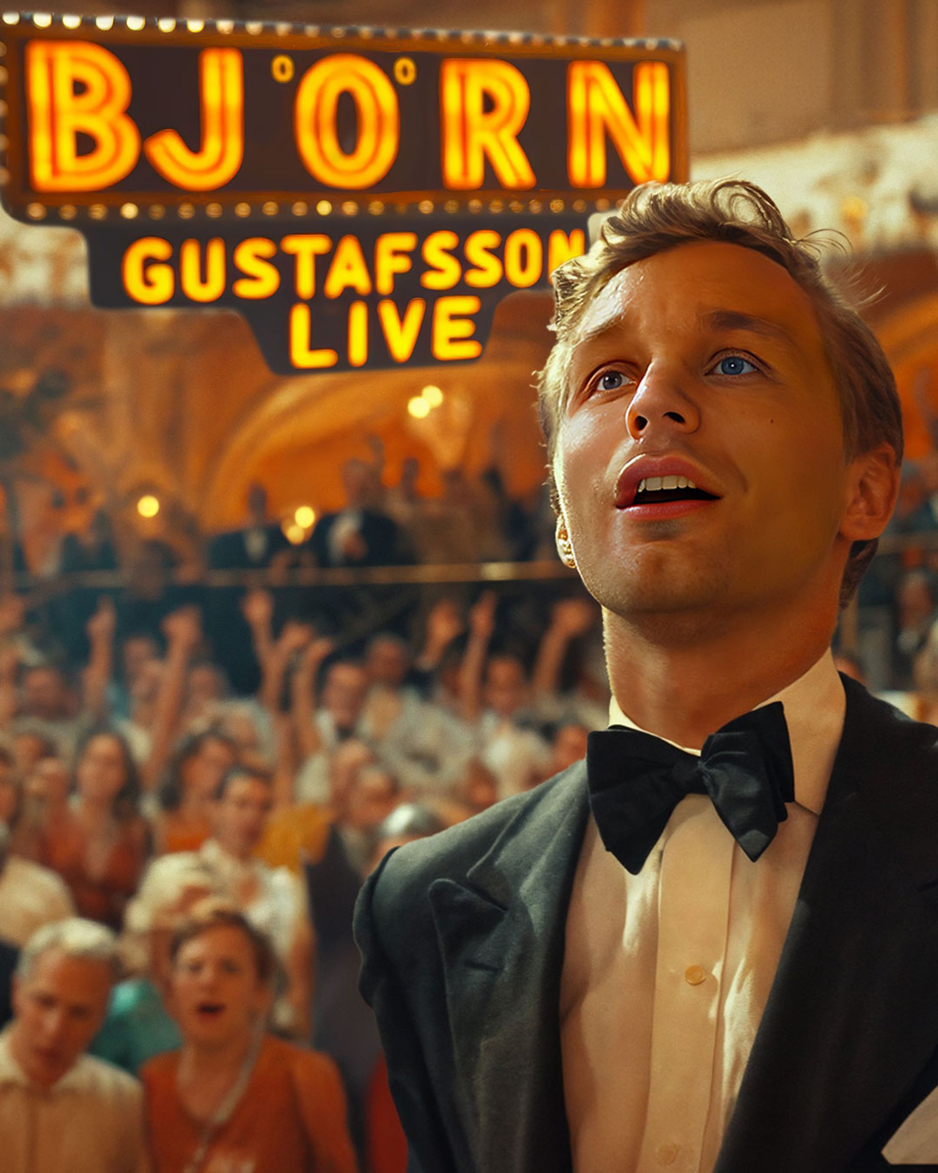 Björn Gustafsson som ser förväntansfull ut i kostym och fluga med publik bakom.